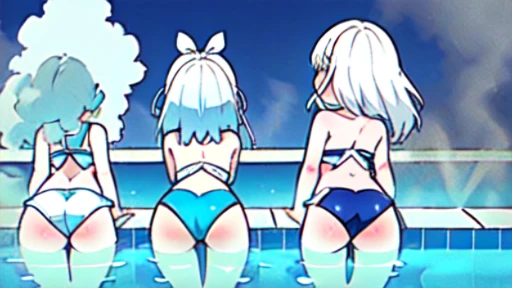 Five cute white-haired girls farting（HUD’s two-dimensional face）,Wearing a blue and white swimsuit，farting(yellow smoke)，In the pool，be surprised，greet，hip view，dorsal view，style: pixiv search "#fart" and pixiv search "#farting" Reference