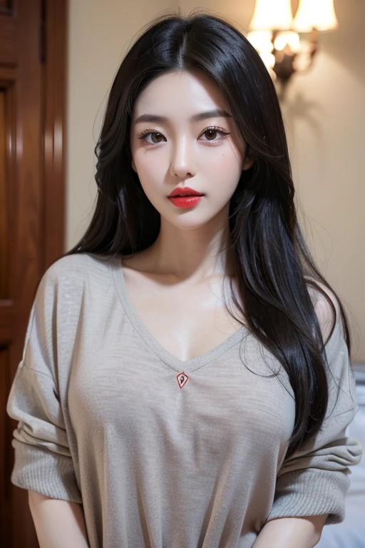 realistic, High resolution 8k, Complete dynamic configuration, Self camera, Seoul City Background, Korean woman, 25 years old, very beautiful appearance, slim body, C-cup chest, Beautiful, detailed eyes of average size, (drooping eyes 1.2), (sagging eyebrows 1.2), natural makeup, Long straight hair and gray hair, Vibrant and brightly colored red lips, Random and natural expressions, random common poses, Random Casual Outfits, 