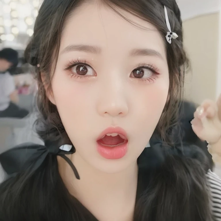 Customary girl with black bow and black and white striped shirt, wan adorable korean face, popular south korean makeup, ulzzang, Adorable young Korean face, Nice round slanted eyes, With cute dotted eyes, Cute big eyes, Popular Korean makeup, She has a cute, expressive face, Big round cute eyes, Shocked look, Korean facial features, Wonyoung Eve, 