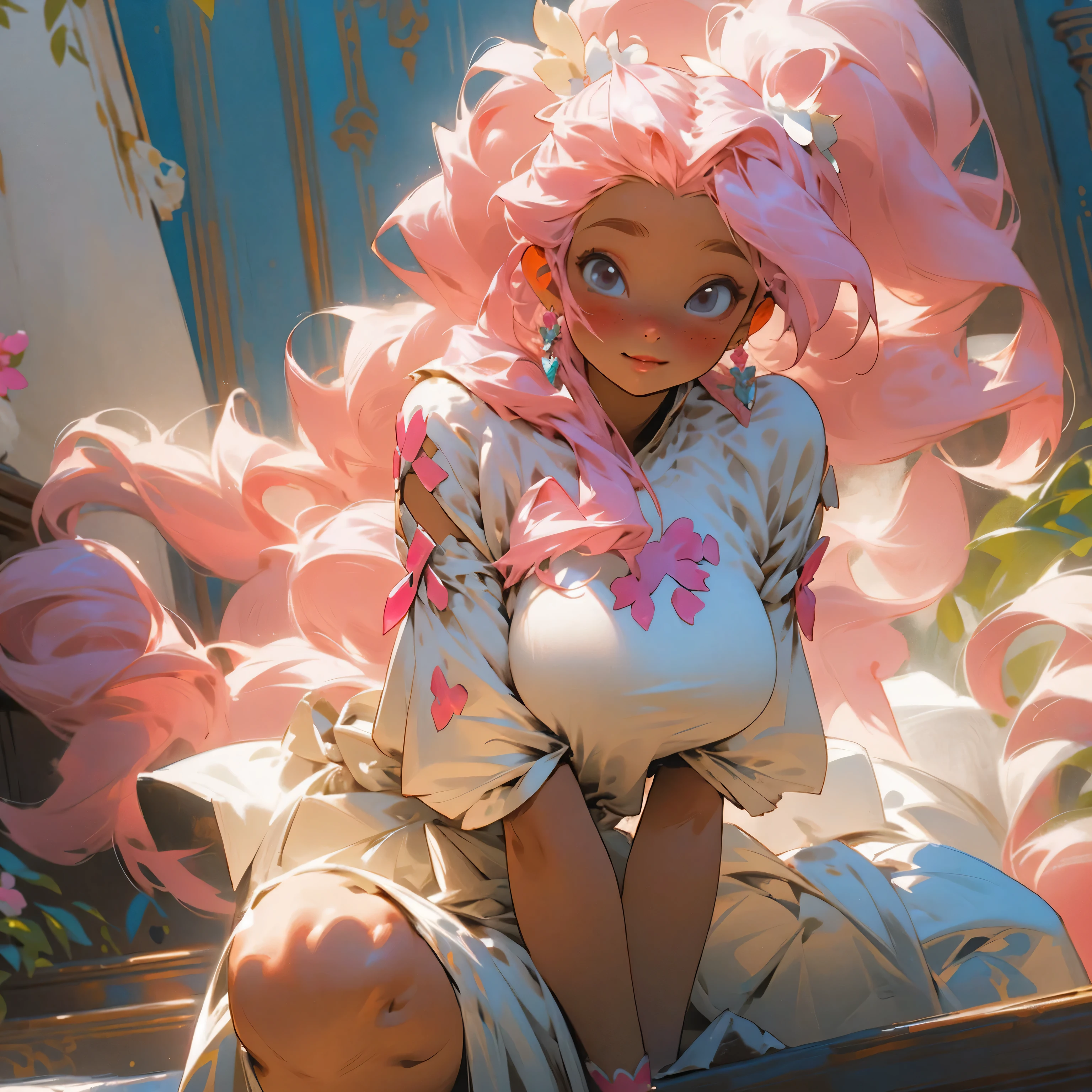 (masterpiece, best quality)，A little girl with pink hair sits on a large fluffy bed，The bed is covered with white sheets，Hair tied into cute twintails，hair is very long，Hair falls from head to the ground，warm light，Shy eyes，Wearing a cute and exquisite oversized pink princess dress，The chest is decorated with a cute big red bow，she has very huge ，Body plumpness