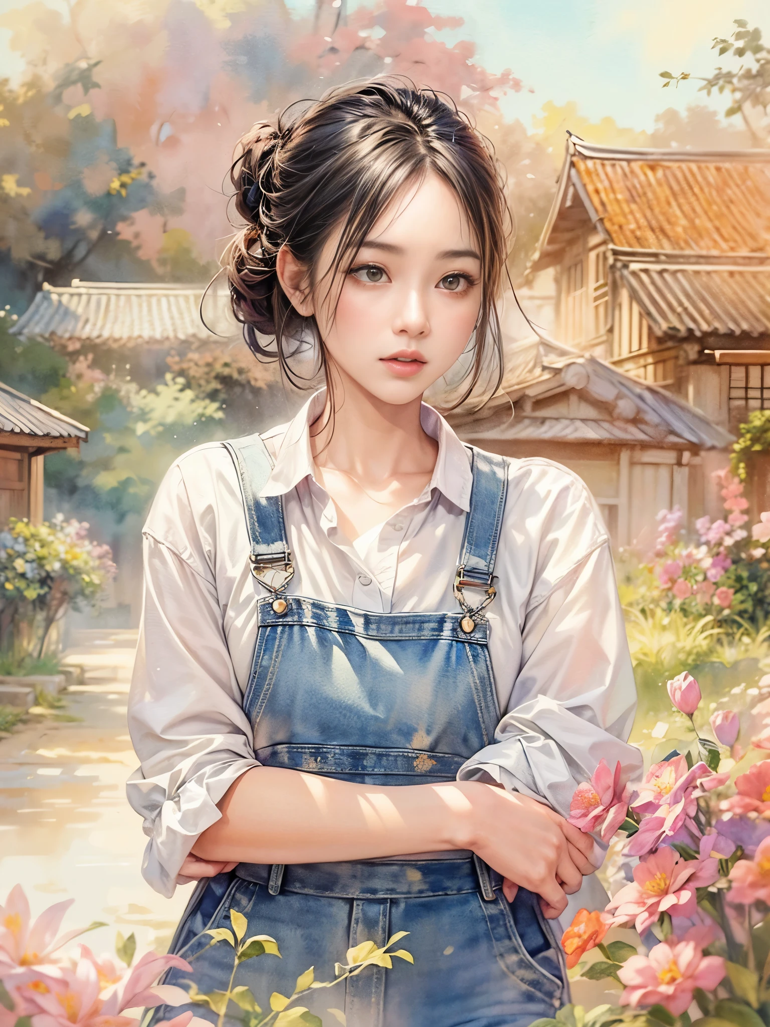 Imaginative thoughts on your dream girlfriend、Warm depiction，Envisioned as a dream lover and lifelong partner。She embodies the simplicity of Chinese rural girls、Industrious，Integrated with wisdom、Beautiful and hard-working character。This artistic depiction shows her in a rural setting，Exuding sweetness、Romantic atmosphere。((She wears simple denim overalls and a white shirt))，Reflecting her humble origins and down-to-earth character。Her facial features are gentle and beautiful，The expression is kind、Tempting。The background is a picturesque rural landscape，Rolling hills、Fields and traditional country houses，Adds a sweet rustic romantic charm。The overall style blends realism and idealized rural beauty，embodies the dreamlike、The Essence of a Cute Country Girl, (floral watercolor painting:1.5)，(Super high saturation, bright and vivid colors:1.5), (nsfw), (Look at the audience head-on:1.5)