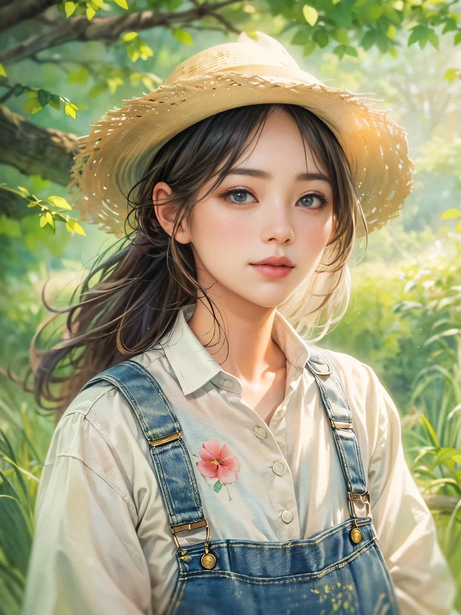 Imaginative thoughts on your dream girlfriend、Warm depiction,Envisioned as a dream lover and lifelong partner。She embodies the simplicity of Chinese rural girls、Industrious,Integrated with wisdom、Beautiful and hard-working character。This artistic depiction shows her in a rural setting,Exuding sweetness、Romantic atmosphere。((She wears simple denim overalls and a white shirt)),Reflecting her humble origins and down-to-earth character。Her facial features are gentle and beautiful,The expression is kind、Tempting。The background is a picturesque rural landscape,Rolling hills、Fields and traditional country houses,Adds a sweet rustic romantic charm。The overall style blends realism and idealized rural beauty,embodies the dreamlike、The Essence of a Cute Country Girl, (floral watercolor painting:1.5),(Super high saturation, bright and vivid colors:1.5), (nsfw), (Look at the audience head-on:1.5)