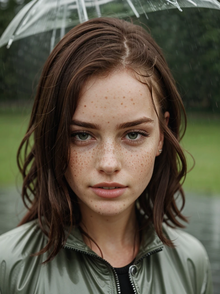 in rain, freckles, brunette hair