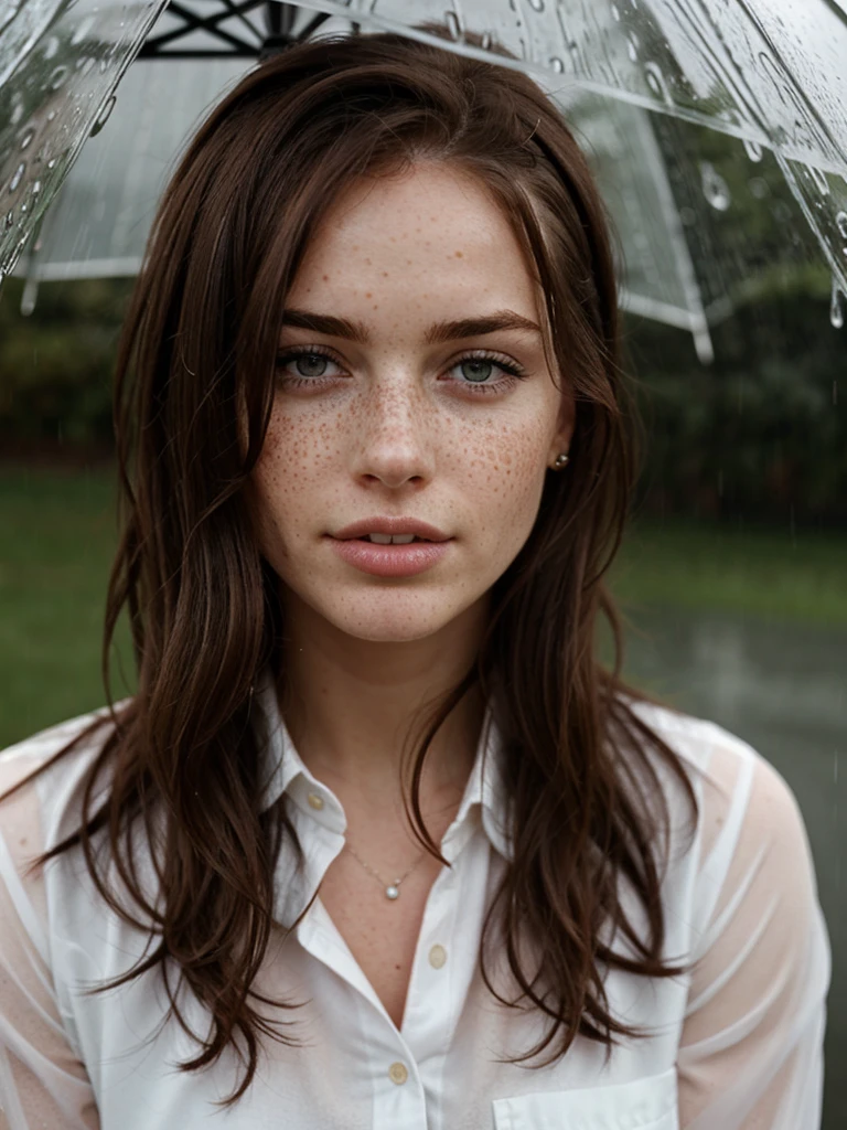 in rain, freckles, brunette hair