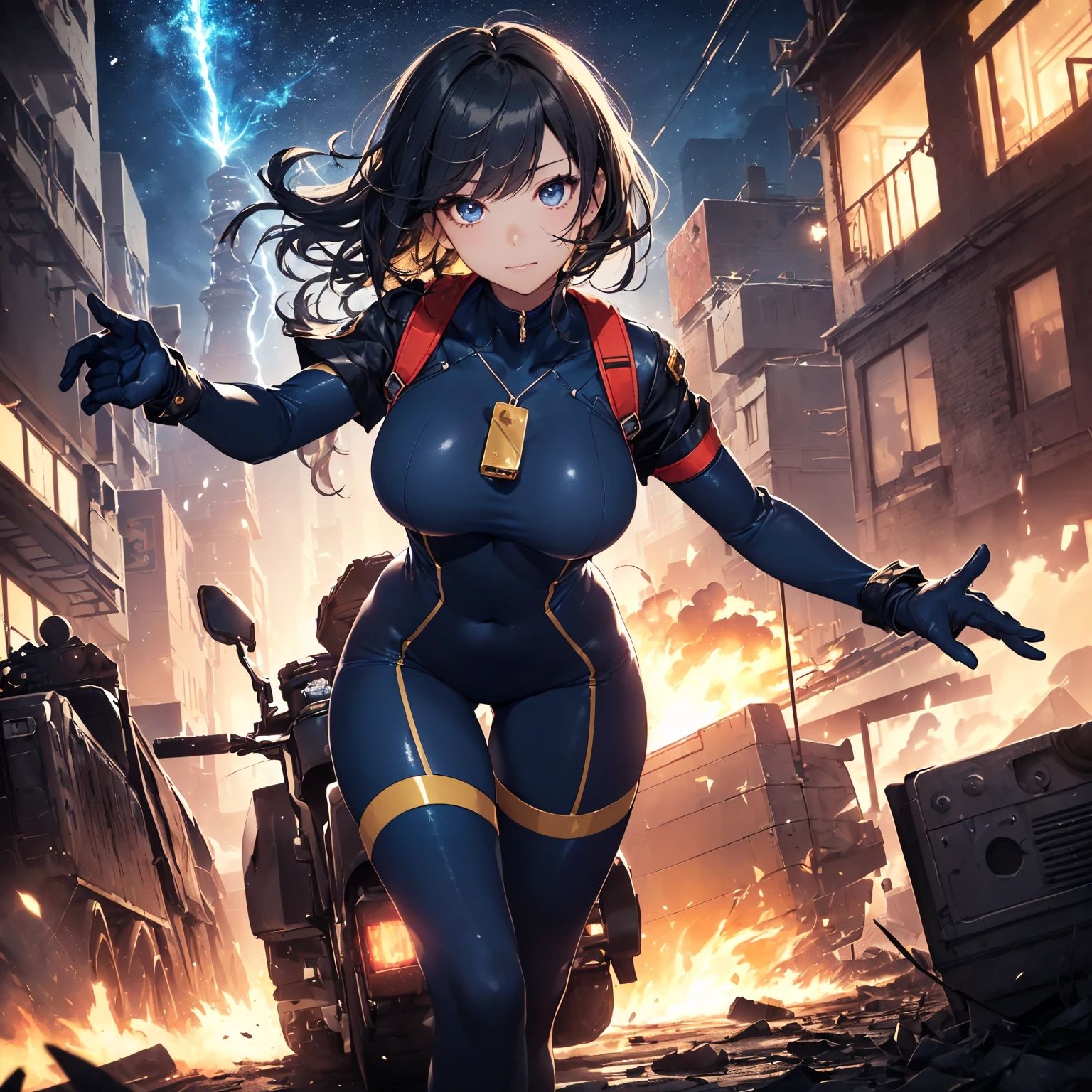 mixed_artwork style, 1 girl, standing alone, hands, Asian, Superhero landing, impact, cracks, effect, synthetic body, energy glowing eyes, surrounded by soldiers, action, cinematic, Sinister, short black hair with red highlights, red eyes, Photography,