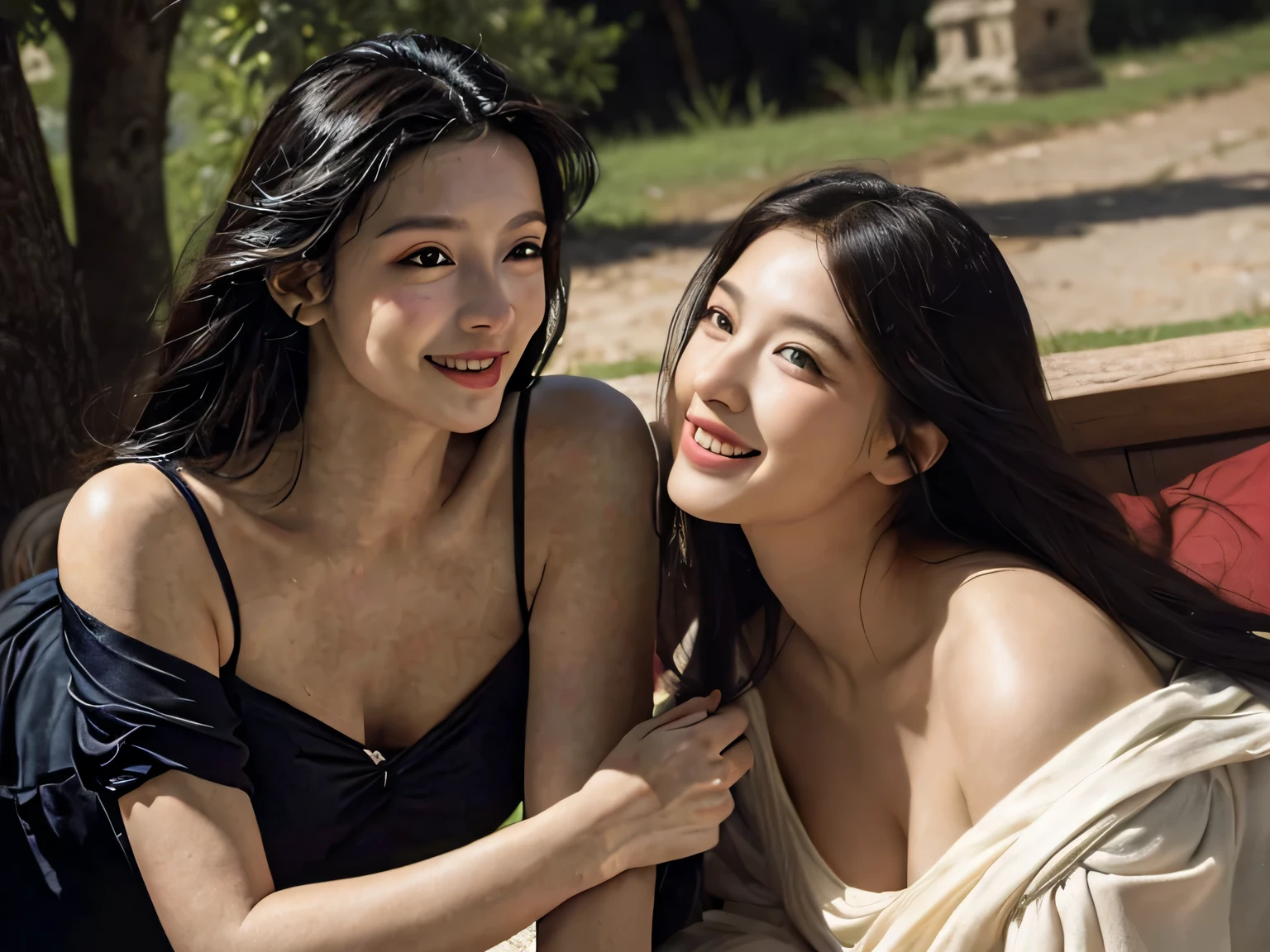 Ancient Roman landscape in the style of Nicolas Poussin,laughter,,Sweet and seductive appearance.、Caravaggio's paintings、Chiaroscuro of Caravaggio、hair tousled by the wind,Two women frolicking,cute smile, expression of ecstasy,Sexy,erotic