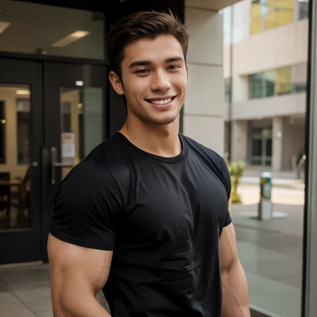 A 25-year-old handsome male high university student, 6-pack, bodybuilder, smile, wearing shirt