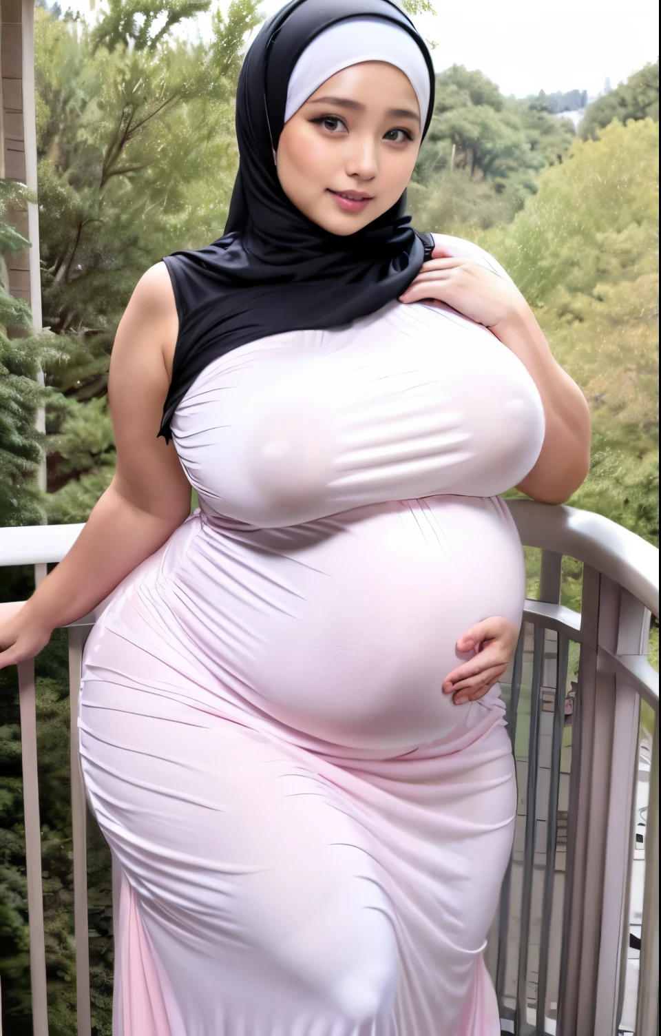 pregnant woman in hijab and black and white dress standing on a balcony with a view of trees, full length view, pregnant belly, dressed in a pink dress, she has a jiggly fat round belly, wearing a pink dress, her belly is fat and round, full body in view, pregnant, pregnancy, photo from the back, thicc, bouncy belly, alluring plus sized model, wearing a sneakers, sexy armpit.