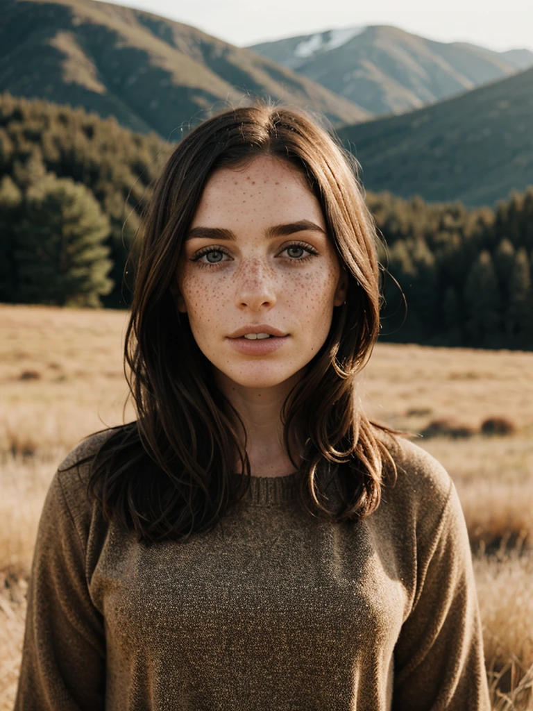 in a landscape, freckles, brunette hair, full person view