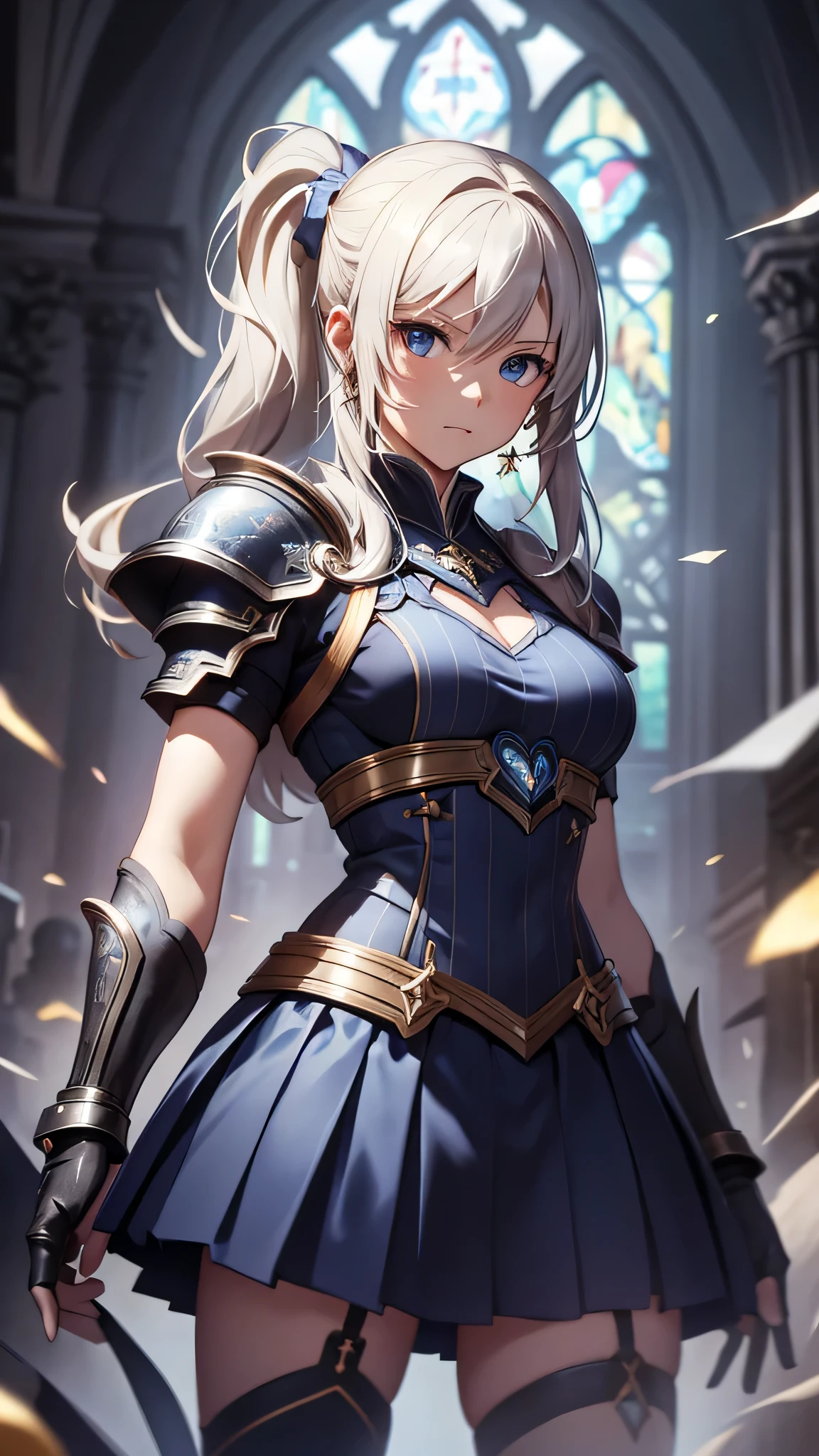 最high quality、best image quality、masterpiece、teenage girl((18-year-old、 By becoming、vest bust、medium bust,wide open breast tea、black eye, blonde、ponytail、thin,highest valley、toned chest、gold armour、silver armor short skirt、Holding a sword in his right hand、Equipped with a shield on the left hand、fighting pose)),high quality、beautiful art、background((church、light shines in)),debris flies、Depth of written boundary、movie、visual art、perfect art、8K,genuine