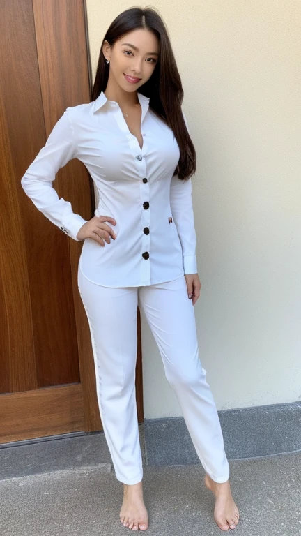 ((highest quality, (8K), (masterpiece)), (Full body to toes:1.4)、sharp focus: 1.2, beautiful woman with perfect figure: 1.4, slim abs: 1.2, (Long shirt with white buttons: 1.3), , street: 1.2, wet body: 1.1, Highly detailed face and skin texture, fine eyes, double eyelid, big breasts, smile,