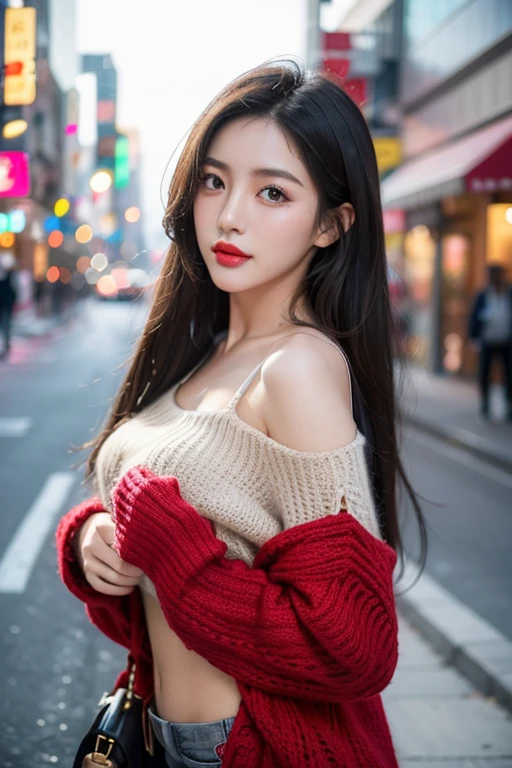 realistic, High resolution 8k, Complete dynamic configuration, Self camera, Seoul City Background, Korean woman, 25 years old, very beautiful appearance, slim body, C-cup chest, Beautiful, detailed eyes of average size, (drooping eyes 1.2), (sagging eyebrows 1.2), natural makeup, Long straight hair and gray hair, Vibrant and brightly colored red lips, Random and natural expressions, random common poses, random mediocre outfit, winter knit