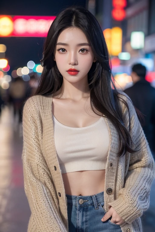 realistic, High resolution 8k, Complete dynamic configuration, Self camera, Seoul City Background, Korean woman, 25 years old, very beautiful appearance, slim body, C-cup chest, Beautiful, detailed eyes of average size, (drooping eyes 1.2), (sagging eyebrows 1.2), natural makeup, Long straight hair and gray hair, Vibrant and brightly colored red lips, Random and natural expressions, random common poses, random mediocre outfit, winter knit