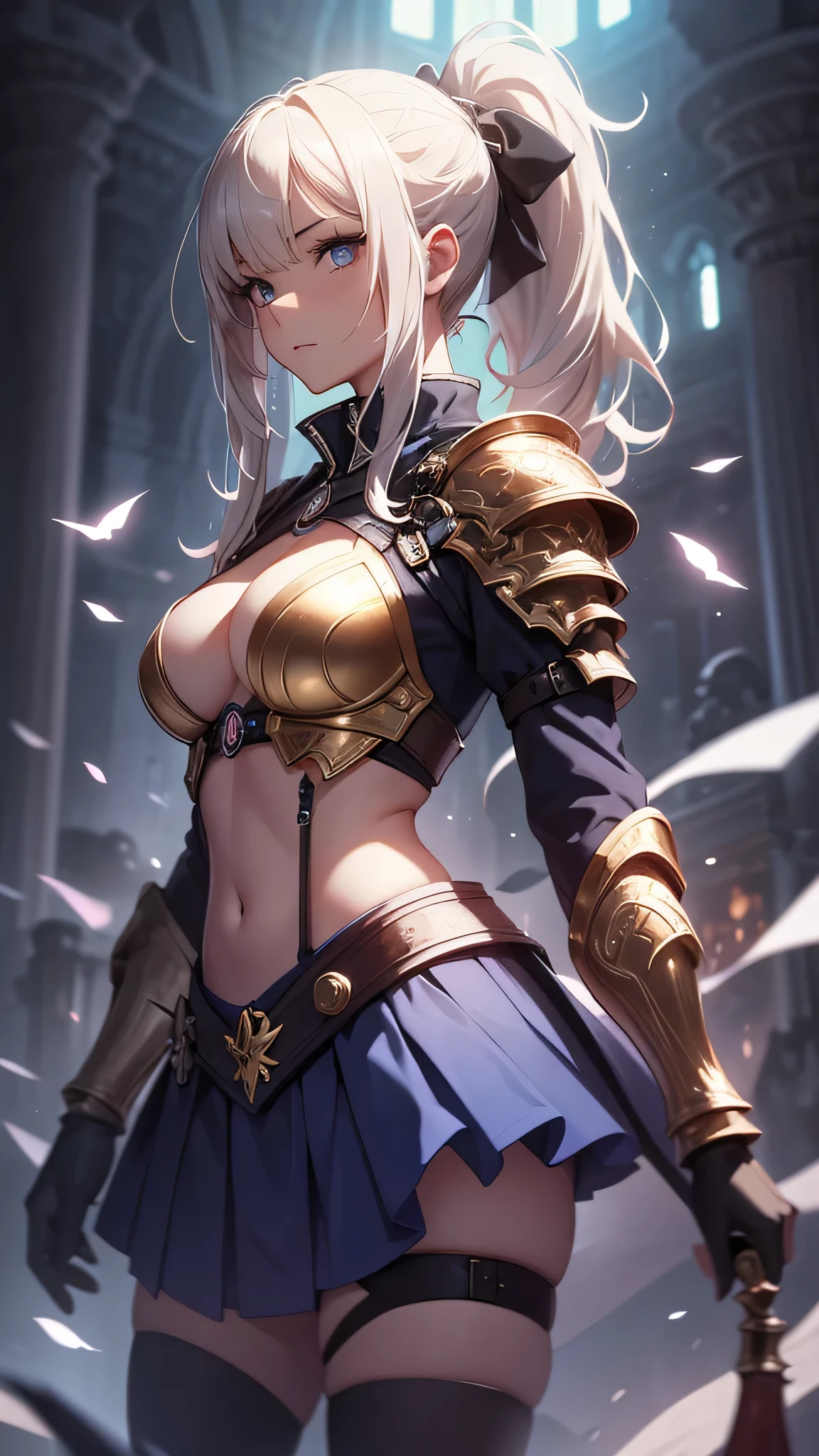 最high quality、best image quality、masterpiece、teenage girl((18-year-old、 By becoming、vest bust、medium bust,wide open breast tea、black eye, blonde、ponytail、thin,highest valley、toned chest、gold armour、silver armor short skirt、Holding a sword in his right hand、Equipped with a shield on the left hand、fighting pose)),high quality、beautiful art、background((church、light shines in)),debris flies、Depth of written boundary、movie、visual art、perfect art、8K,genuine