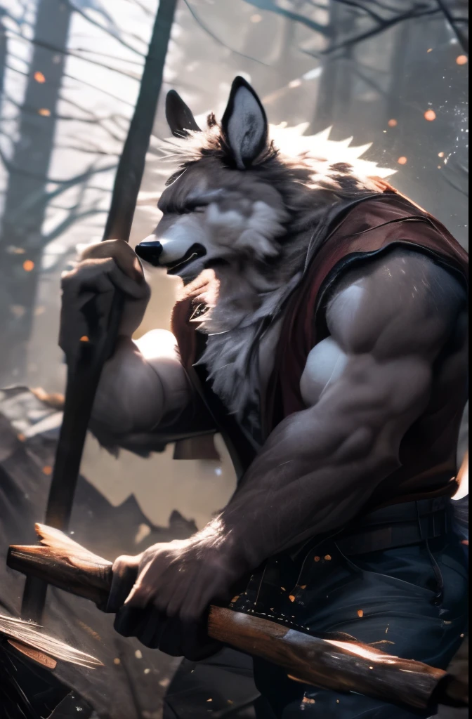 ([wolf|deer] furry), anthropomorphic, male, (white body), fur, tail, muscles, muscular male, handsome, growling, rough look, aged up, middle age, depth of field, perfect lighting, (light particle),(masterpiece),(extremely detailed),sharp focus, (furry), (detailed background), wallpaper, (cinematic), sweat, (lumberjack), (chopping wood), full body, axe, (swinging axe overhead), standing, wide shot, dynamic pose, motion, energetic