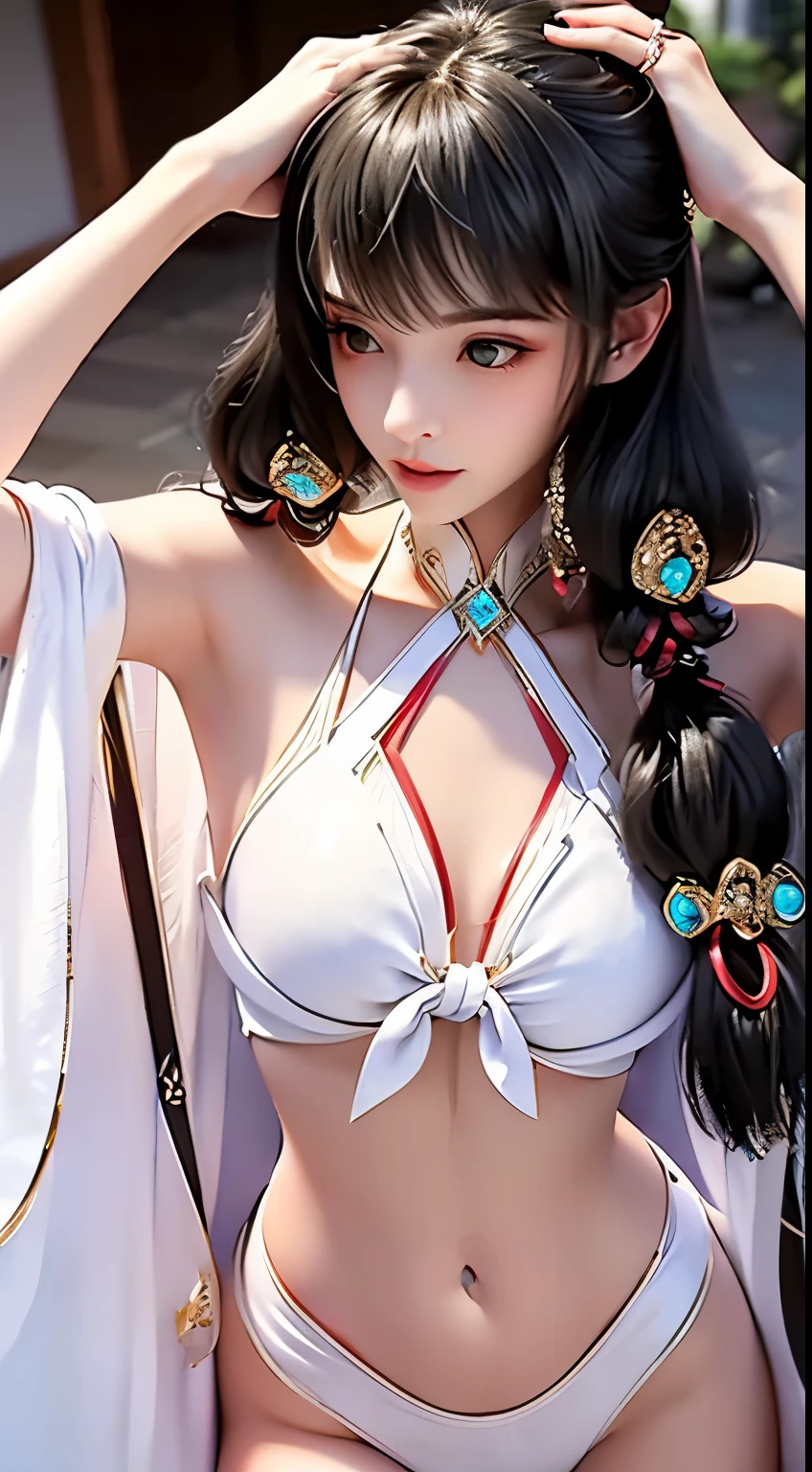 realistic, 1 women, best quality, 12k, HD, long hair, big round breasts, cleavage, ponytail, necklace, jewelry, shorts, short jacket, slim hips, hair tie, yellow eyes, black hair, super detailed, Eye details, hair details, person details, mouth details, face details, breast details, clothes details, hair details, pants details, hand details, whole body