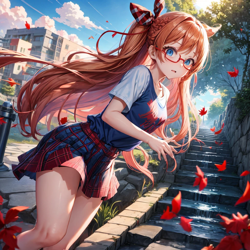 Red-blonde、blue hair、blue eyes、Braid、one good looking girl、solo、anime、Plaid miniskirt、camisole、black t-shirt、Tilting your face、Doing the ribbon、Ribbon at waist、sunset sky、stone stairs、petal、tunnel、Fallen leaves、wearing glasses、waterfall、paper airplane、pushing a pink bicycle