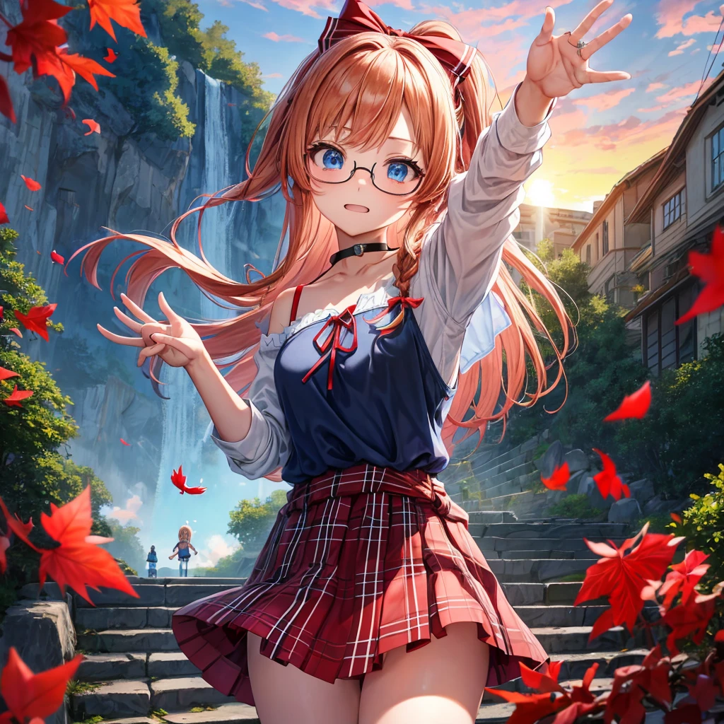 Red-blonde、blue hair、blue eyes、Braid、one good looking girl、solo、anime、Plaid miniskirt、camisole、black t-shirt、Tilting your face、Doing the ribbon、Ribbon at waist、sunset sky、stone stairs、petal、tunnel、Fallen leaves、wearing glasses、waterfall、paper airplane、pushing a pink bicycle