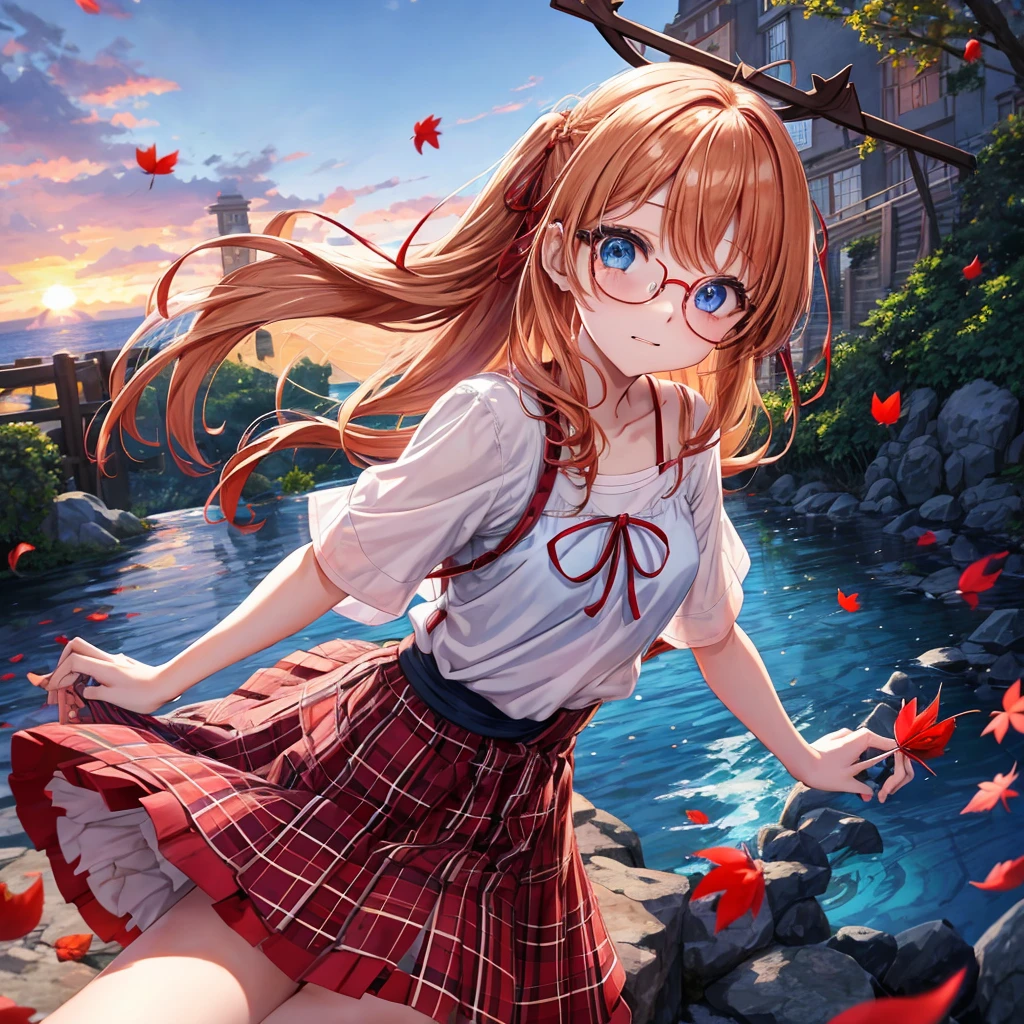 Red-blonde、blue hair、blue eyes、Braid、one good looking girl、solo、anime、Plaid miniskirt、camisole、black t-shirt、Tilting your face、Doing the ribbon、Ribbon at waist、sunset sky、stone stairs、petal、tunnel、Fallen leaves、wearing glasses、waterfall、paper airplane、pushing a pink bicycle