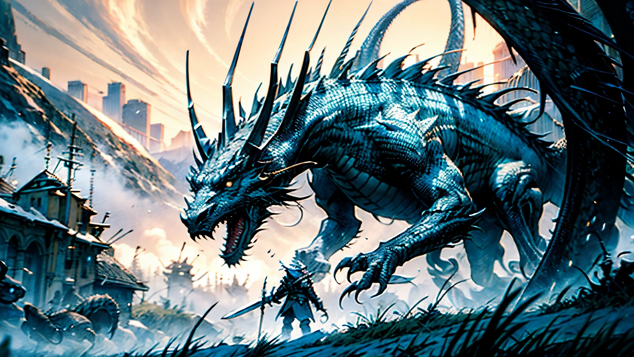 In the style of Ivan Bilibin and Arthur Rackham, An adventurer donned in silvery-blue lightweight armor, brandishing a dazzling azure-hued holy sword, confronts a colossal malevolent black dragon, The sky is obscured by a dark mist, and the dragon's ominous aura wreaks havoc on the landscape of mountains, forests and city below, Cinematic atmosphere, detailed destruction, epic fantasy, high definition, best quality, highres, ultra-detailed, ultra-fine painting, extremely delicate, professional, anatomically correct, creativity, RAW photo, UHD, HDR, 32k, Natural light, cinematic lighting, masterpiece-anatomy-perfect, masterpiece:1.5