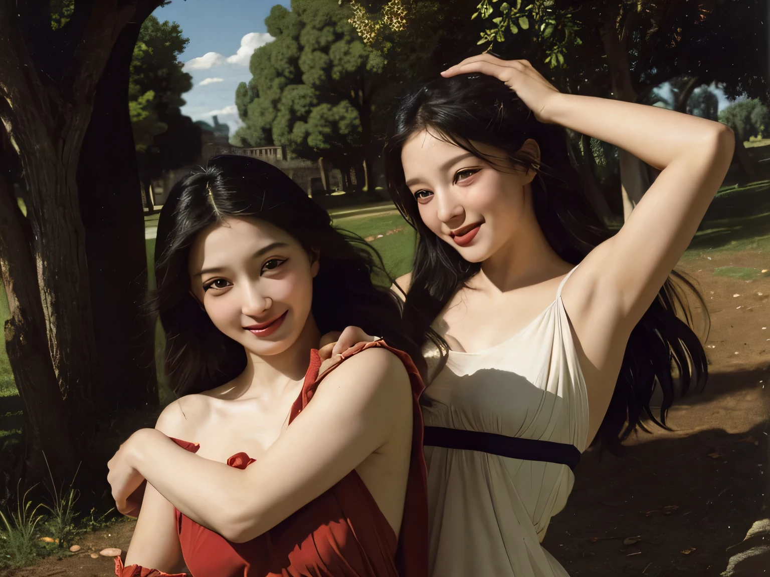 Ancient Roman landscape in the style of Nicolas Poussin,laughter,,Sweet and seductive appearance.、Caravaggio's paintings、Chiaroscuro of Caravaggio、hair tousled by the wind,Two women frolicking,cute smile, expression of ecstasy,Sexy,erotic