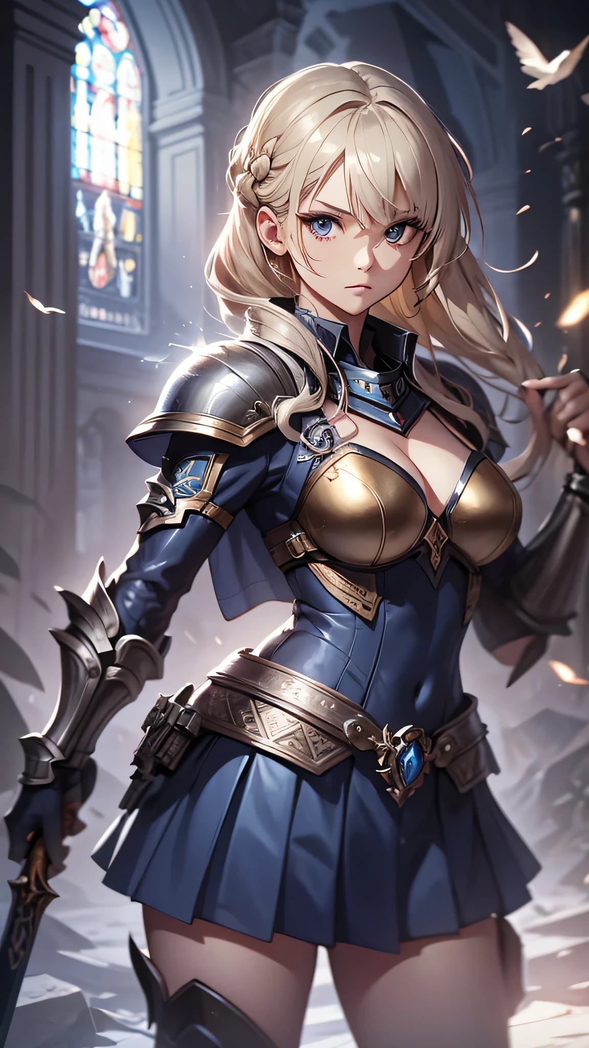 最high quality、best image quality、masterpiece、age girl((18-year-old、 By becoming、vest bust、medium bust,wide open breast tea、black eye, blonde、ponytail、thin,highest valley、toned chest、gold armour、silver armor short skirt、Holding a sword in his right hand、Equipped with a shield on the left hand、fighting pose)),high quality、beautiful art、background((church、light shines in)),debris flies、Depth of written boundary、movie、visual art、perfect art、8K,genuine