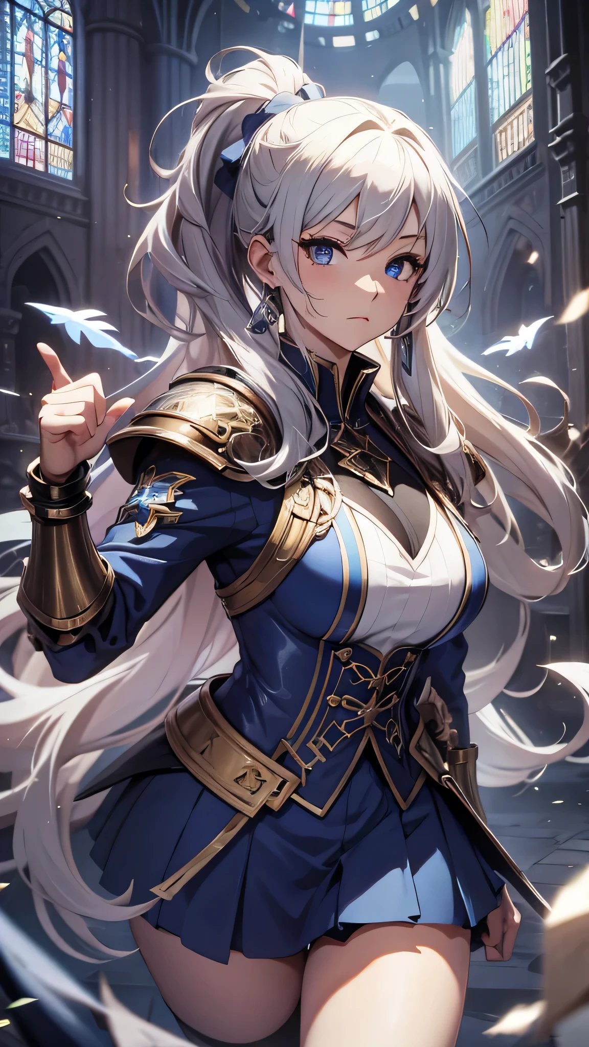 最high quality、best image quality、masterpiece、age girl((18-year-old、 By becoming、vest bust、medium bust,wide open breast tea、black eye, blonde、ponytail、thin,highest valley、toned chest、gold armour、silver armor short skirt、Holding a sword in his right hand、Equipped with a shield on the left hand、fighting pose)),high quality、beautiful art、background((church、light shines in)),debris flies、Depth of written boundary、movie、visual art、perfect art、8K,genuine