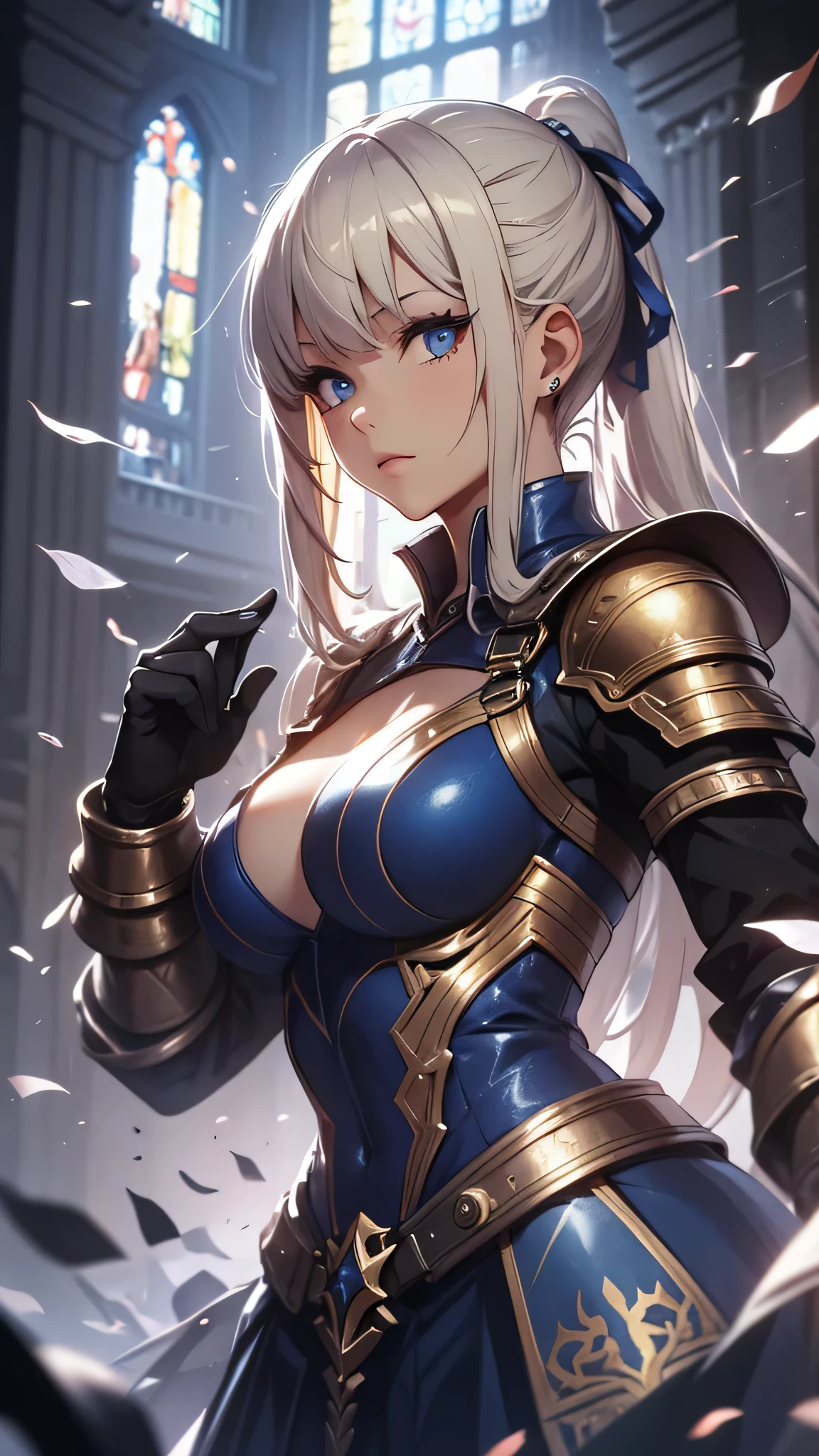 最high quality、best image quality、masterpiece、age girl((18-year-old、 By becoming、vest bust、medium bust,wide open breast tea、black eye, blonde、ponytail、thin,highest valley、toned chest、gold armour、silver armor short skirt、Holding a sword in his right hand、Equipped with a shield on the left hand、fighting pose)),high quality、beautiful art、background((church、light shines in)),debris flies、Depth of written boundary、movie、visual art、perfect art、8K,genuine
