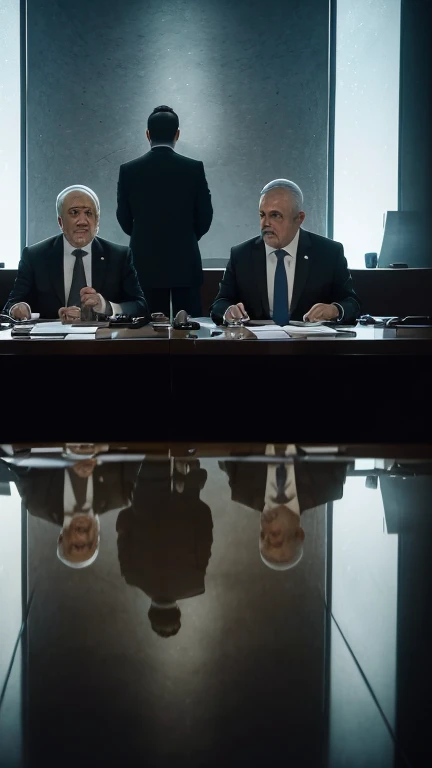 (Quality tags: masterpiece, best quality, official art:1.2), a cinematic scene portraying the tension and negotiations between Israel and Palestine, (intense gazes of diplomats amidst a charged atmosphere:1.3), a dynamic representation of the high-stakes negotiations, (exchanges reflecting the intricacies of diplomacy:1.2), a backdrop of a room filled with diplomatic urgency, (overcast sky reflecting the weight of the talks:1.1), a scene filled with the gravity of international discussions, (intense emotions conveyed through the expressions:1.4), a moment frozen in the diplomatic crucible, (dynamic composition capturing the key figures in the negotiation room:1.2), a visual story of the profound diplomatic tension, (subtle play of light and shadow:1.2), creating a compelling cinematic view of the Israel-Palestine talks.