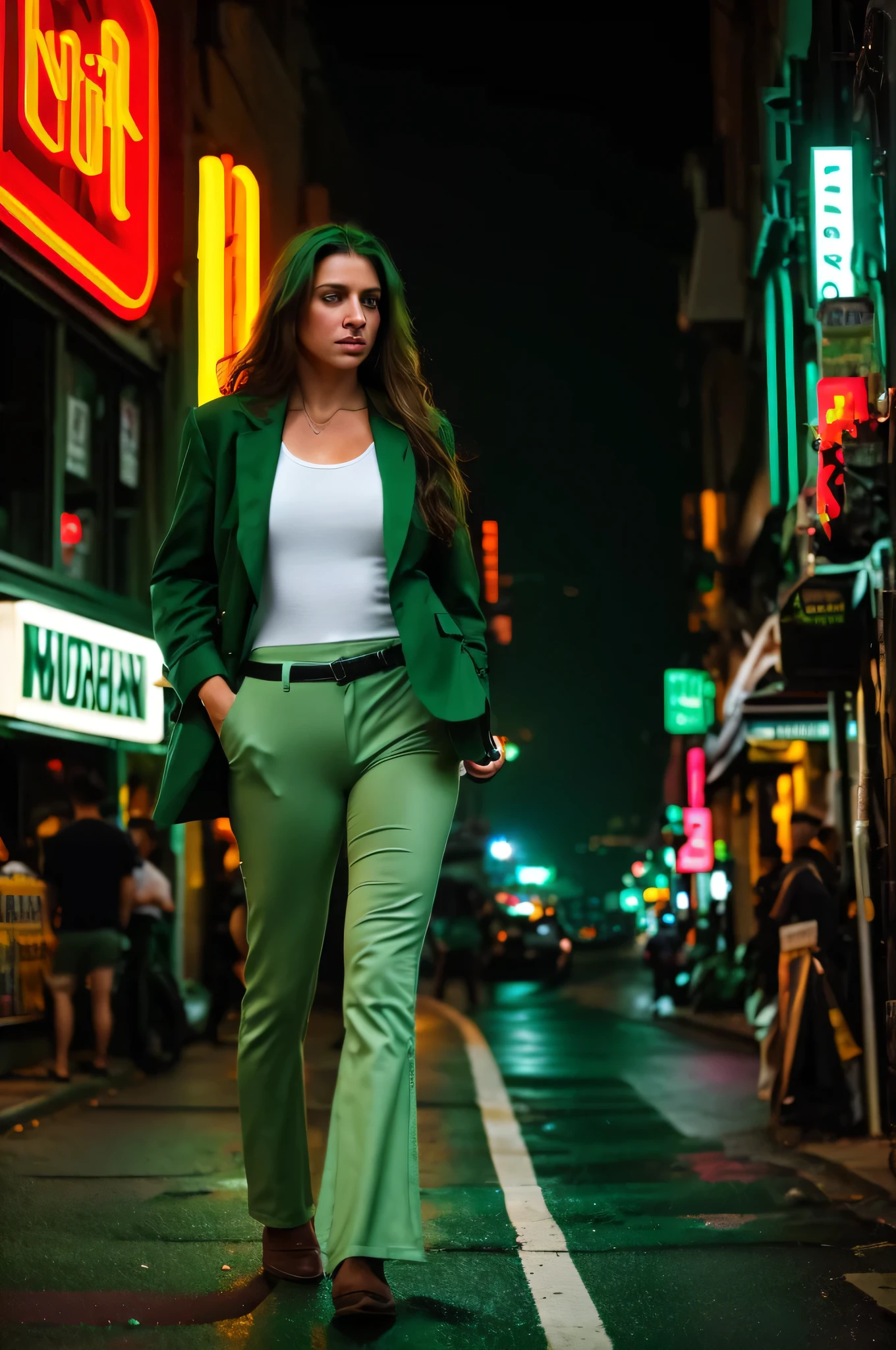 a woman in green pants and a white shirt epicpanty uncovering a high-stakes conspiracy in a bustling metropolis, weaving through crowded streets and dark alleyways, Detailed clothes, green eyes, flowing hair, determined expression, shiny glossy skin, subsurface scattering, (sharp:0.7), [(colorful explosion psychedelic paint colors:1.21)::0.05], amazing fine detail, Nikon D850 film stock photograph Kodak Portra 400 camera f1.6 lens, rich colors, lifelike texture, dramatic lighting, urban environment, skyscrapers, neon signs, street vendors, dynamic composition, unreal engine, trending on ArtStation, cinestill 800 tungsten