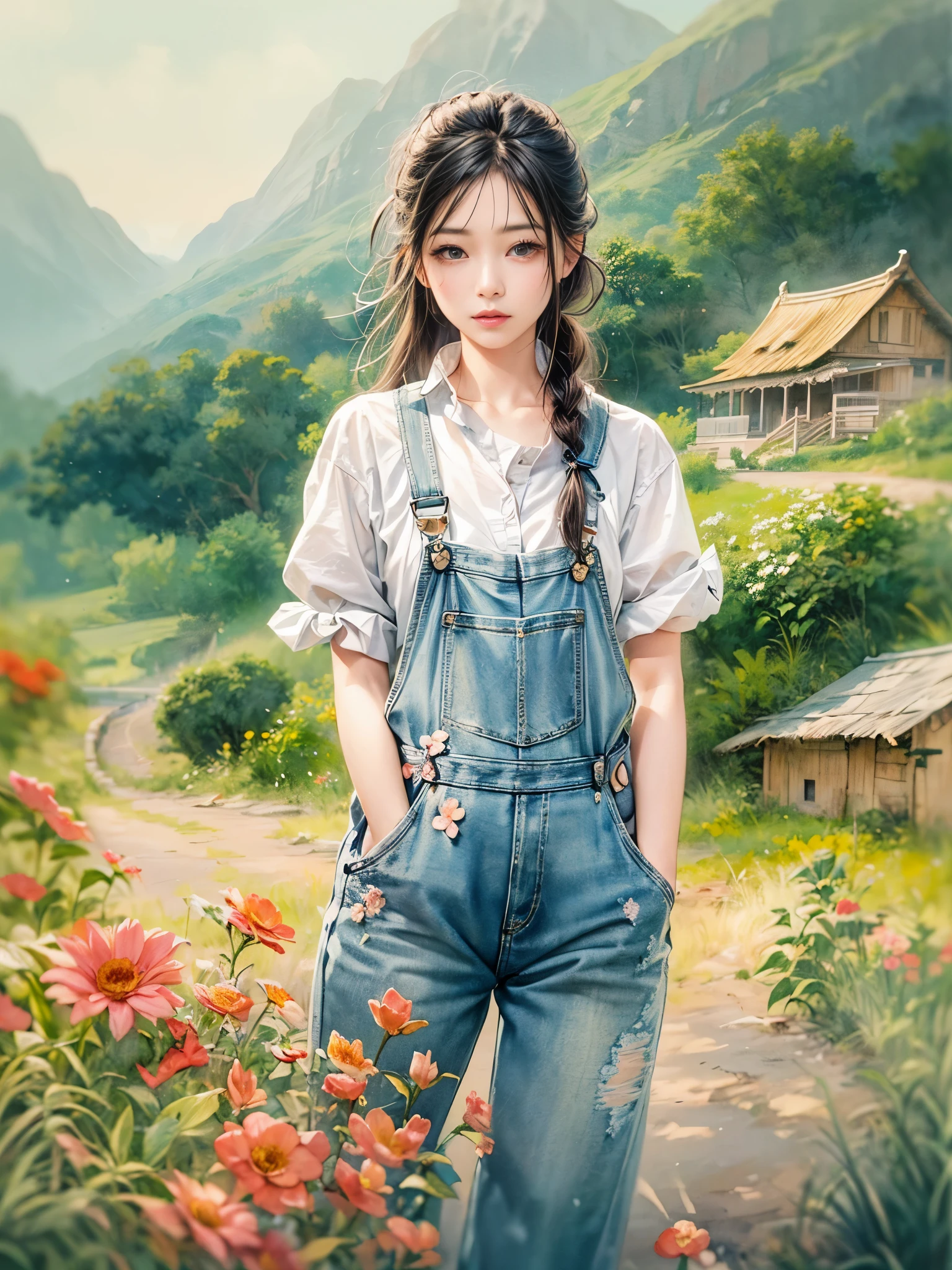 Imaginative thoughts on your dream girlfriend、Warm depiction,Envisioned as a dream lover and lifelong partner。She embodies the simplicity of Chinese rural girls、Industrious,Integrated with wisdom、Beautiful and hard-working character。This artistic depiction shows her in a rural setting,Exuding sweetness、Romantic atmosphere。((She wears simple denim overalls and a white shirt)),Reflecting her humble origins and down-to-earth character。Her facial features are gentle and beautiful,The expression is kind、Tempting。The background is a picturesque rural landscape,Rolling hills、Fields and traditional country houses,Adds a sweet rustic romantic charm。The overall style blends realism and idealized rural beauty,embodies the dreamlike、The Essence of a Cute Country Girl, (floral watercolor painting:1.5),(Super high saturation, bright and vivid colors:1.5), (nsfw), (Look at the audience head-on:1.5)
