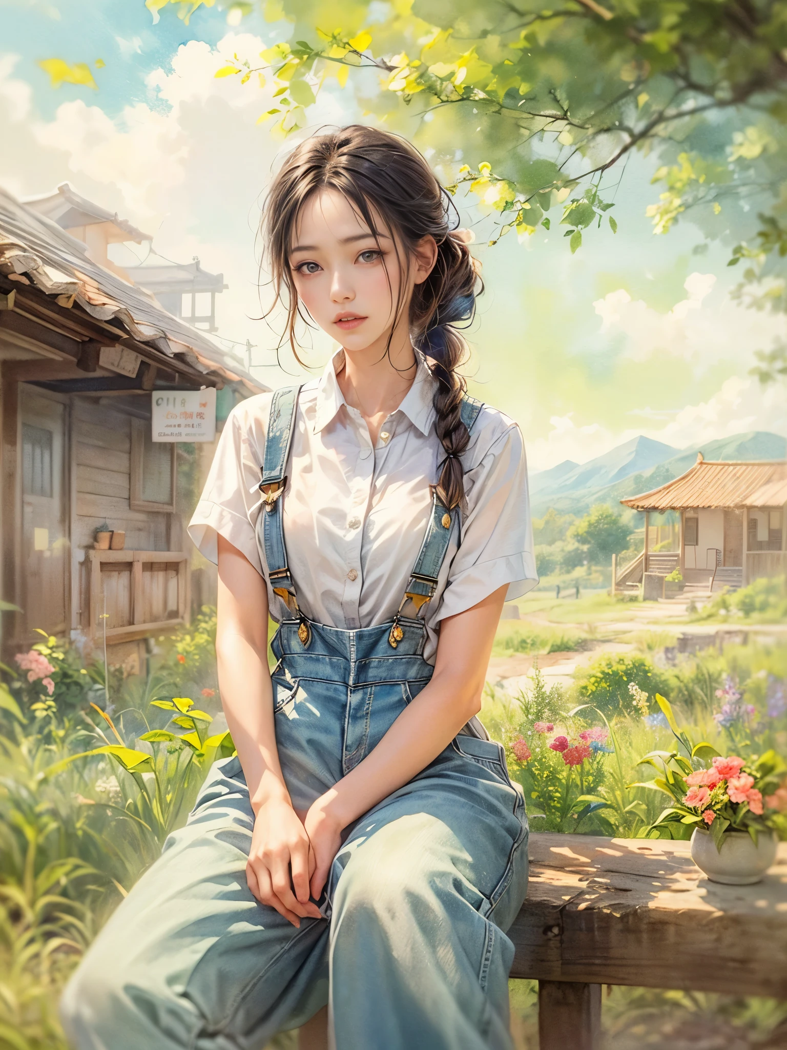 Imaginative thoughts on your dream girlfriend、Warm depiction,Envisioned as a dream lover and lifelong partner。She embodies the simplicity of Chinese rural girls、Industrious,Integrated with wisdom、Beautiful and hard-working character。This artistic depiction shows her in a rural setting,Exuding sweetness、Romantic atmosphere。((She wears simple denim overalls and a white shirt)),Reflecting her humble origins and down-to-earth character。Her facial features are gentle and beautiful,The expression is kind、Tempting。The background is a picturesque rural landscape,Rolling hills、Fields and traditional country houses,Adds a sweet rustic romantic charm。The overall style blends realism and idealized rural beauty,embodies the dreamlike、The Essence of a Cute Country Girl, (floral watercolor painting:1.5),(Super high saturation, bright and vivid colors:1.5), (nsfw), (Look at the audience head-on:1.5)