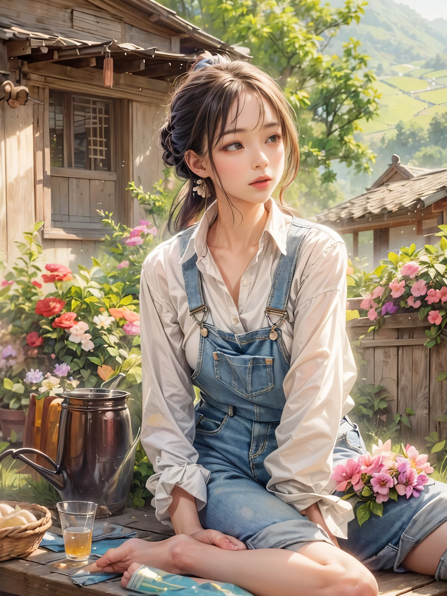 A woman sitting on a bench with a basket of flowers - SeaArt AI