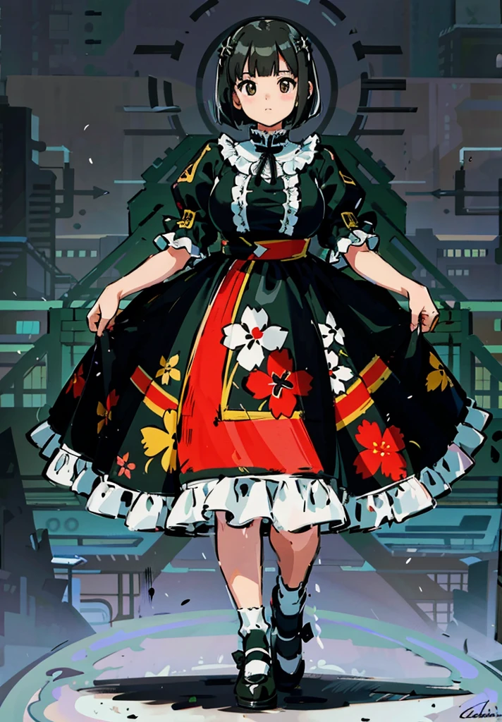 1 girl, ((masterpiece, side light, beautiful eyes: 1.2), Super detailed, ultra high resolution, professional lighting, high quality make up, beautiful detailed eyes), (highest quality:0.8), perfect anime illustrinion, beautiful, flin color background, simple background, whole body , looking for_in_viewer, 一人in, (whole body:1.5), (black hair:1.2), dark brown eyes, (big breasts:1.2), 一人in,Wasachiri, Huasachina, sash, puffy dress, dress, Puffy short sleeves, pantyhose, black shoes, Floral, print dress, put your hands on your hips, handkerchief,tof, (asymmetric bob cut:1.1),(low length:1.1),(Chubby:1.2),(おinこ:1.2),(boobs for days:1.2),(huge boobs:1.2),(short legs)