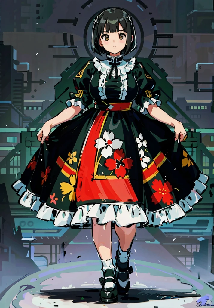 1 girl, ((masterpiece, side light, beautiful eyes: 1.2), Super detailed, ultra high resolution, professional lighting, high quality make up, beautiful detailed eyes), (highest quality:0.8), perfect anime illustrinion, beautiful, flin color background, simple background, whole body , looking for_in_viewer, 一人in, (whole body:1.5), (black hair:1.2), dark brown eyes, (big breasts:1.2), 一人in,Wasachiri, Huasachina, sash, puffy dress, dress, Puffy short sleeves, pantyhose, black shoes, Floral, print dress, put your hands on your hips, handkerchief,tof, (asymmetric bob cut:1.1),(low length:1.1),(Chubby:1.2),(おinこ:1.2),(boobs for days:1.2),(huge boobs:1.2),(short legs)