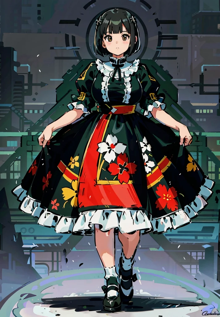1 girl, ((masterpiece, side light, beautiful eyes: 1.2), Super detailed, ultra high resolution, professional lighting, high quality make up, beautiful detailed eyes), (highest quality:0.8), perfect anime illustrinion, beautiful, flin color background, simple background, whole body , looking for_in_viewer, 一人in, (whole body:1.5), (black hair:1.2), dark brown eyes, (big breasts:1.2), 一人in,Wasachiri, Huasachina, sash, puffy dress, dress, Puffy short sleeves, pantyhose, black shoes, Floral, print dress, put your hands on your hips, handkerchief,tof, (asymmetric bob cut:1.1),(low length:1.1),(Chubby:1.2),(おinこ:1.2),(boobs for days:1.2),(huge boobs:1.2),(short legs)