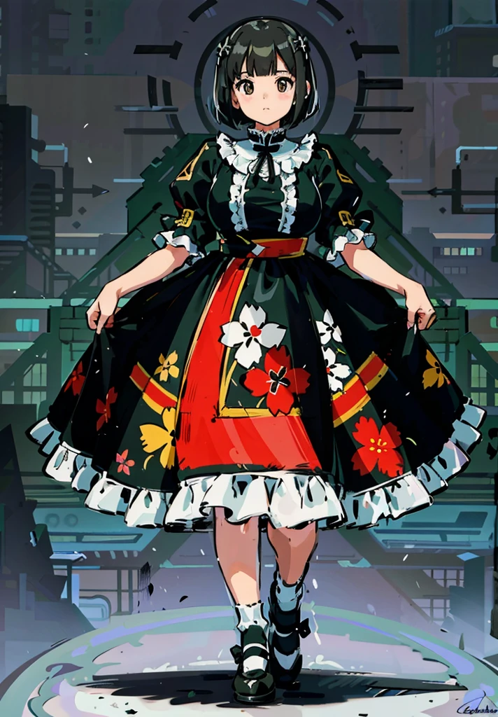 1 girl, ((masterpiece, side light, beautiful eyes: 1.2), Super detailed, ultra high resolution, professional lighting, high quality make up, beautiful detailed eyes), (highest quality:0.8), perfect anime illustrinion,  beautiful, flin color background, simple background, whole body ,  looking for_in_viewer, 一人in, (whole body:1.5), (black hair:1.2), dark brown eyes, (big breasts:1.2), 一人in,Wasachiri, Huasachina,  sash, puffy dress, dress, Puffy short sleeves, pantyhose, black shoes, Floral, print dress, put your hands on your hips, handkerchief,tof, (asymmetric bob cut:1.1),(low length:1.1),(Chubby:1.2),(おinこ:1.2),(boobs for days:1.2),(huge boobs:1.2),(short legs)