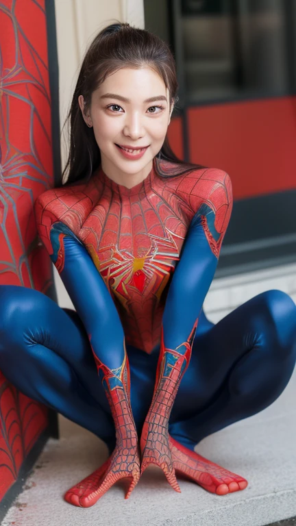 ((highest quality, (8K), (masterpiece)), (Full body to toes:1.4)、sharp focus: 1.2, beautiful woman with perfect figure: 1.4, slim abs: 1.2, (spiderman suit: 1.3), , street: 1.2, wet body: 1.1, Highly detailed face and skin texture, fine eyes, double eyelid, big breasts, smile,