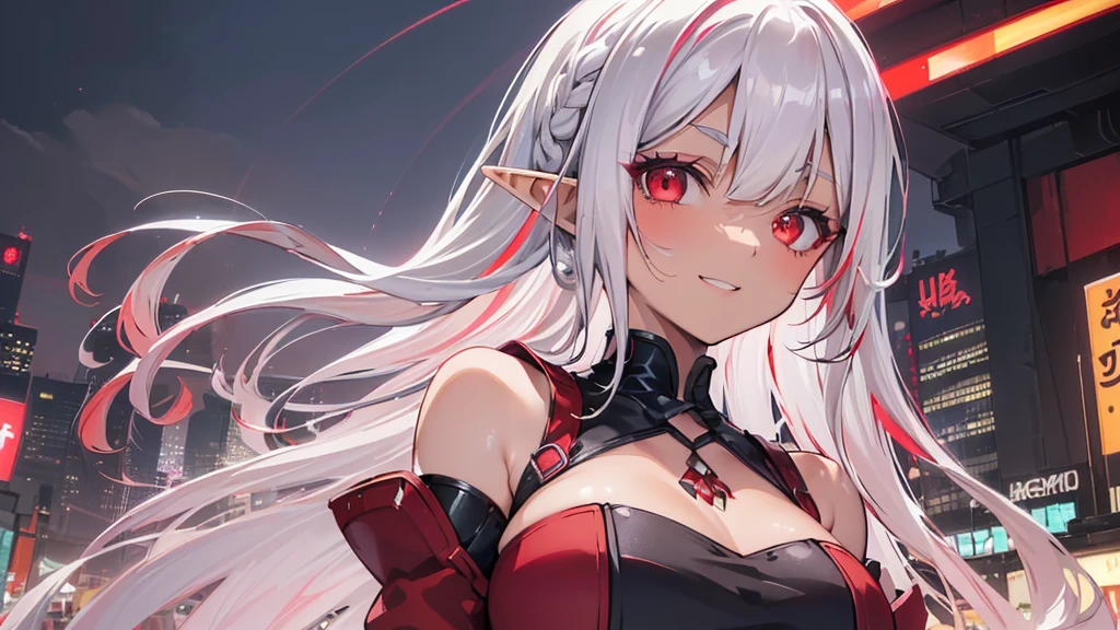 ((Ultra-detailed)), (top-quality), ((masterpiece)), ((Super exciting)), ((8K)), ((1080p)), ((extremely clear)), ((Very sophisticated)), ((Anime Graphics)), ((Anime quality)), ((Anime Illustration)), ((Upper lighting)), ((depth of fields)), ((Glowing skin)), ((gleaming)), ((shiny-glistening)), (3D)), ((Perfect Anatomy)),(((Solo)), ((a lady)), (a elf:1.1)), ((dark skin)), ((sexy dress), (red dress), (shoulder less)), ((upper body), (face up)), ((platinum hair:1.2), (long hair:1.3), (braid hair:1.0)), ((red eyes), (slanted eyes), (thin eyebrows), (long eyelines)), ((grinned), (smile), (open mouth)), ((Tokyo:1.1), (downtown area), (neon light), (night)), (blush), (corset), (huge boobs),