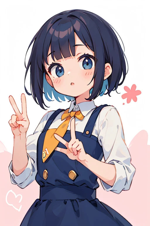 Pretty girl in Japan、、huge tit、、kawaii faces、、big pink eyes、Silky bangs、、Short black curly hair、High school students、Japanese high school girls uniform、Simple navy blue skirt、Simple white blouse、blue tie、high quality picture、shinny skin、finger thrust pose、Niyashi、Crisp smile