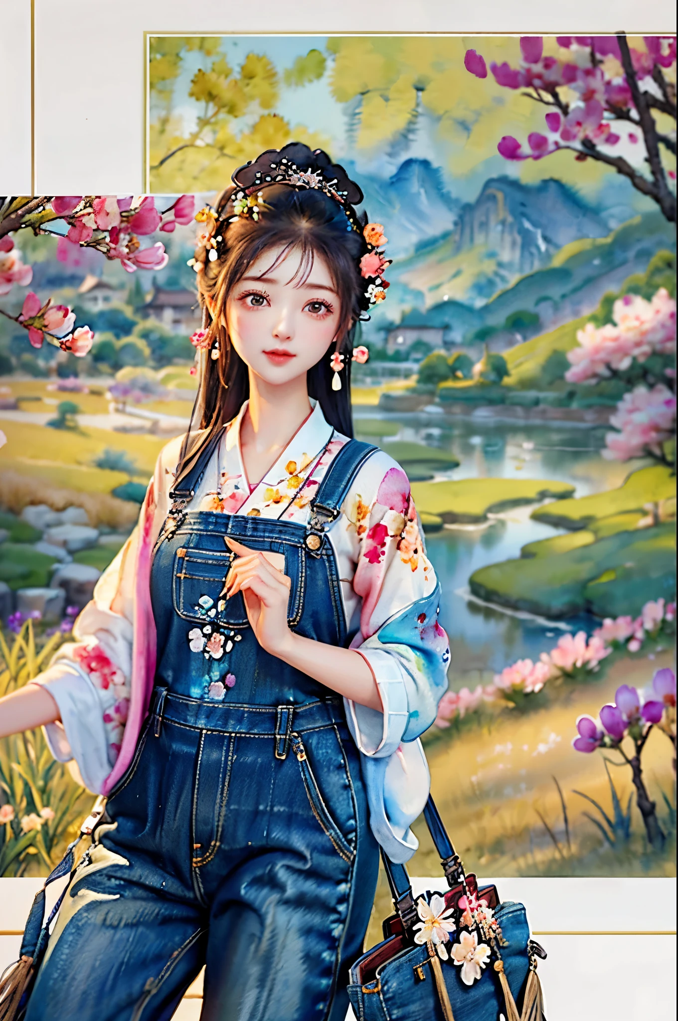 Imaginative thoughts on your dream girlfriend、Warm depiction，Envisioned as a dream lover and lifelong partner。She embodies the simplicity of Chinese rural girls、Industrious，Integrated with wisdom、Beautiful and hard-working character。This artistic depiction shows her in a rural setting，Exuding sweetness、Romantic atmosphere。((She wears simple denim overalls and a white shirt))，Reflecting her humble origins and down-to-earth character。Her facial features are gentle and beautiful，The expression is kind、Tempting。The background is a picturesque rural landscape，Rolling hills、Fields and traditional country houses，Adds a sweet rustic romantic charm。The overall style blends realism and idealized rural beauty，embodies the dreamlike、The Essence of a Cute Country Girl, (floral watercolor painting:1.5)，(Super high saturation, bright and vivid colors:1.5), (nsfw), (Look at the audience head-on:1.5)