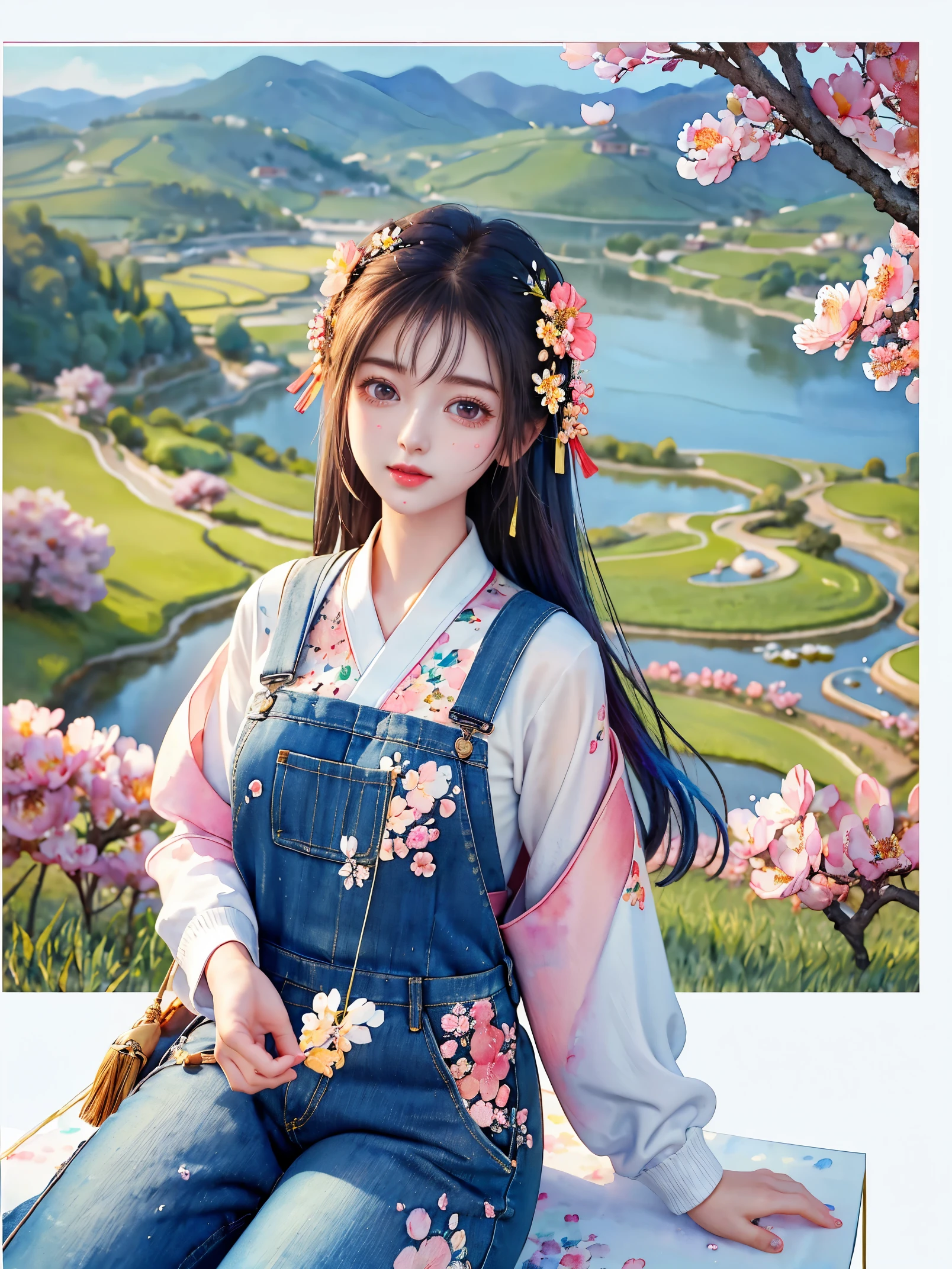 Imaginative thoughts on your dream girlfriend、Warm depiction，Envisioned as a dream lover and lifelong partner。She embodies the simplicity of Chinese rural girls、Industrious，Integrated with wisdom、Beautiful and hard-working character。This artistic depiction shows her in a rural setting，Exuding sweetness、Romantic atmosphere。((She wears simple denim overalls and a white shirt))，Reflecting her humble origins and down-to-earth character。Her facial features are gentle and beautiful，The expression is kind、Tempting。The background is a picturesque rural landscape，Rolling hills、Fields and traditional country houses，Adds a sweet rustic romantic charm。The overall style blends realism and idealized rural beauty，embodies the dreamlike、The Essence of a Cute Country Girl, (floral watercolor painting:1.5)，(Super high saturation, bright and vivid colors:1.5), (nsfw), (Look at the audience head-on:1.5)