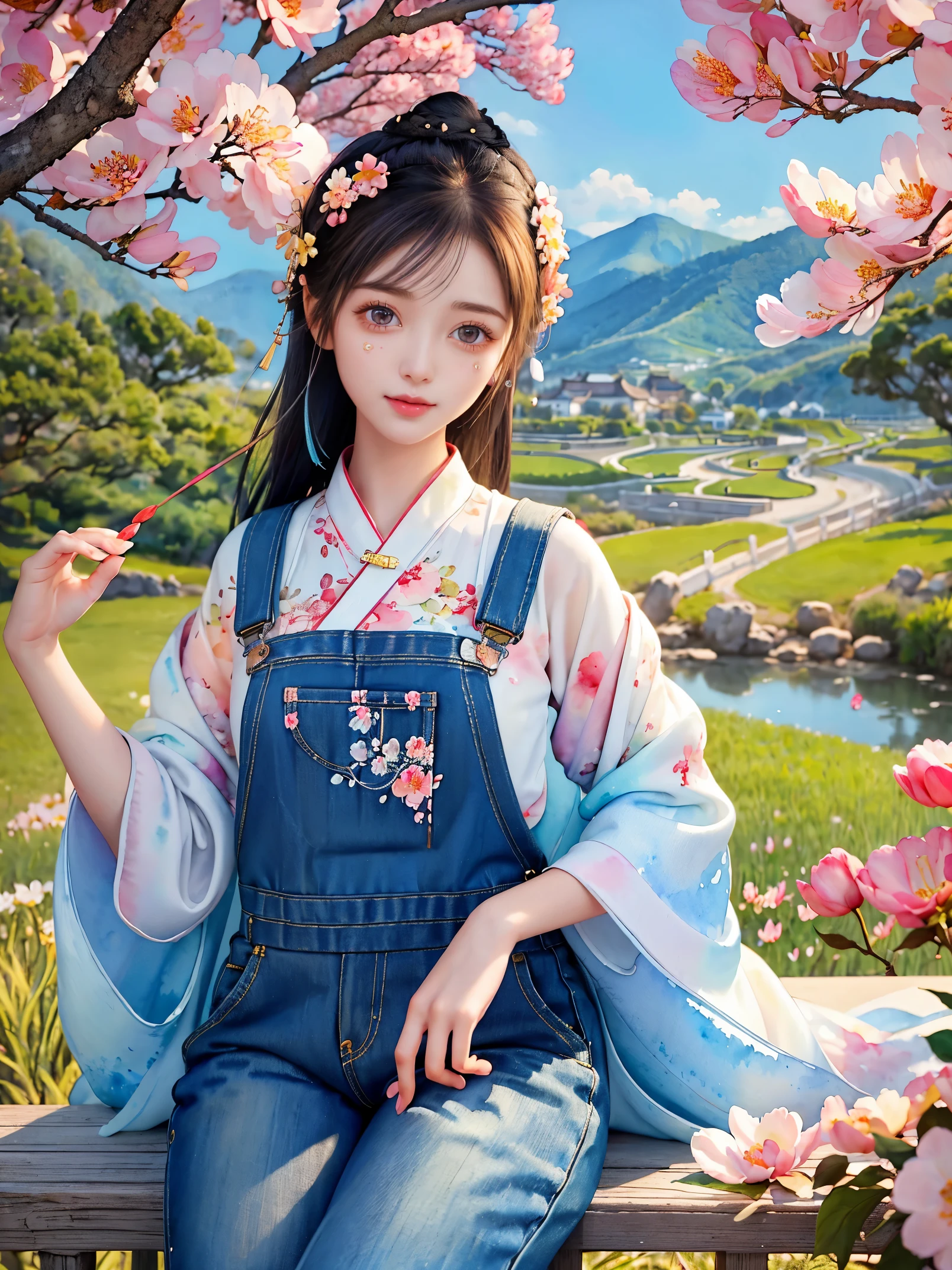 Imaginative thoughts on your dream girlfriend、Warm depiction，Envisioned as a dream lover and lifelong partner。She embodies the simplicity of Chinese rural girls、Industrious，Integrated with wisdom、Beautiful and hard-working character。This artistic depiction shows her in a rural setting，Exuding sweetness、Romantic atmosphere。((She wears simple denim overalls and a white shirt))，Reflecting her humble origins and down-to-earth character。Her facial features are gentle and beautiful，The expression is kind、Tempting。The background is a picturesque rural landscape，Rolling hills、Fields and traditional country houses，Adds a sweet rustic romantic charm。The overall style blends realism and idealized rural beauty，embodies the dreamlike、The Essence of a Cute Country Girl, (floral watercolor painting:1.5)，(Super high saturation, bright and vivid colors:1.5), (nsfw), (Look at the audience head-on:1.5)