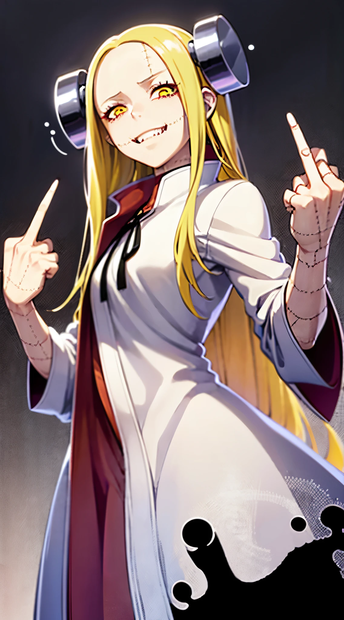 Fran,young woman,white robe ,wrinkles,((shows middle fingers )),angry, long hair , yellow hair,seams , Scars on the body , (A creepy look) , scary eyes ,(((creepy smile))) ,