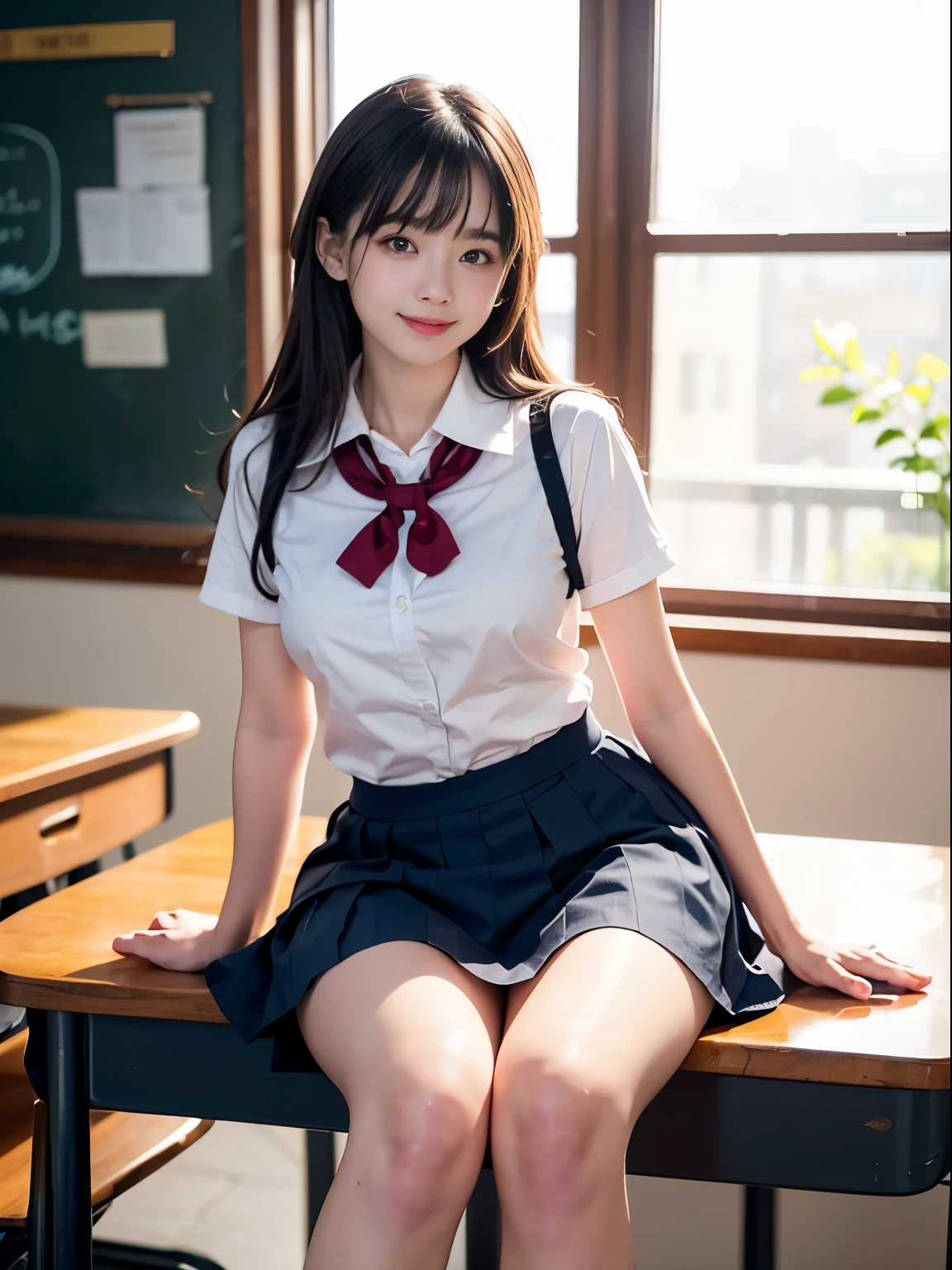 girl, Crouched figure、cinematic light、shine a bright light on your face, smile、smile、bangs, short cut hairstyle、red ribbon、plump thighs、big breasts、Whip breast、(High School Uniform ,mini skirt:1.3), School, classroom, clear、(highest quality:1.0), (realistic:1.0), (8K, RAW photo:1.1), (8k非常にbecome familiar withなCGユニットの壁紙), (highest quality), (best illustrations), (best shadow), (become familiar with: 1.4), 3D, HDR (high dynamic range), ray tracing, NVIDIA RTX, super resolution, scattered below the surface, PBR texture, Post-processing, anisotropic filtering, Depth of written boundary, maximum sharpness and acutance, multilayer texture, Albedo and highlight mapping, surface shading, Accurate simulation of light-matter interactions, perfect proportions, octane rendering, 超realistic、Photographed with Canon EOS R5、50mm lens、f / 2.8