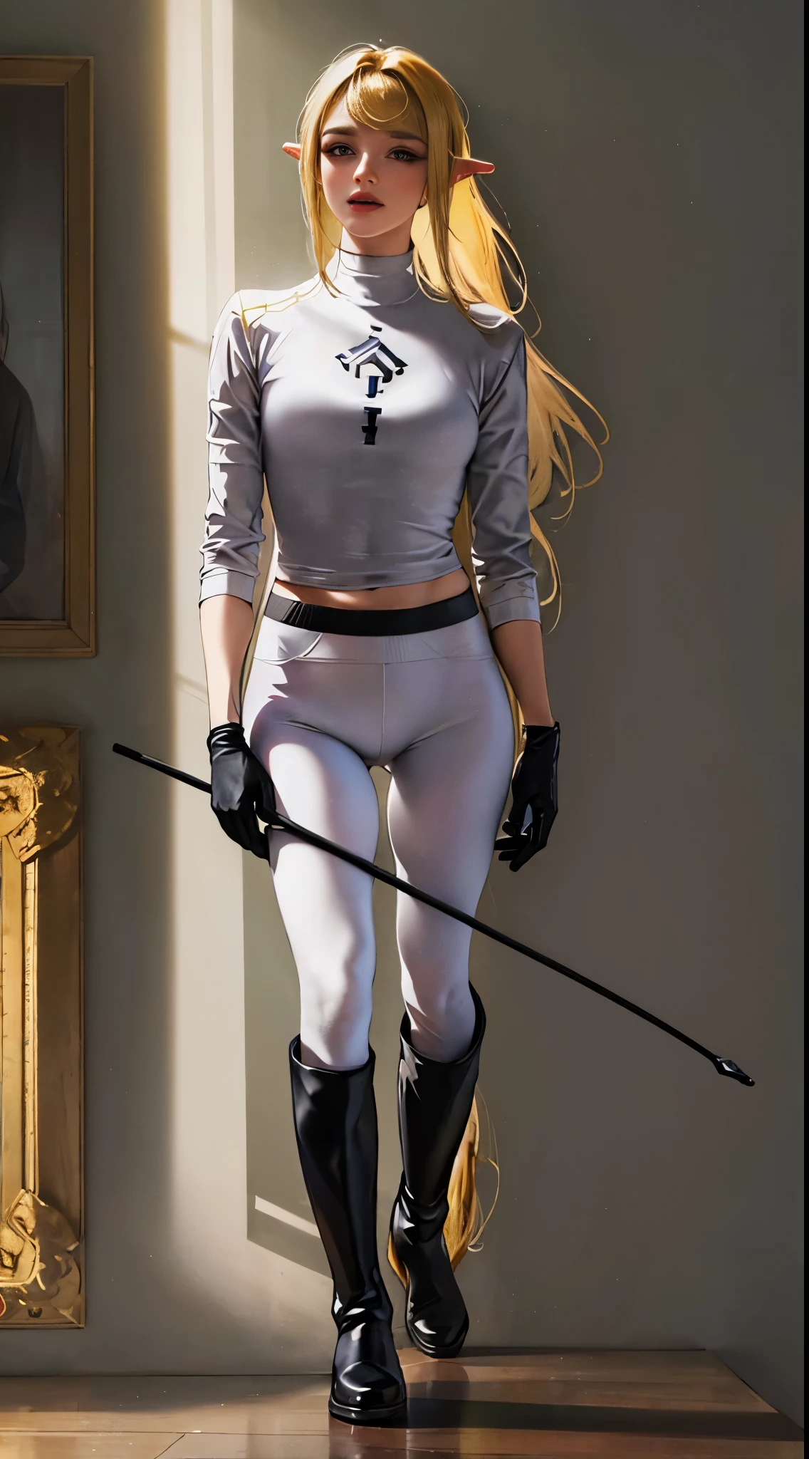(highest resolution, distinct_image) best quality, a woman, solo, masterpiece, highly detailed, semi realistic, blonde hair, bangs, 18 years old, mature, young, tall strong, uniform, military uniform( large indoor background), cold, serious, tall, handsome, autocratic, powerful, exquisite facial features, exquisite facial features, (full body)(black knee-high boots:1.4)(dominatrix:0.3)(white Yoga pants:1.3),(gloves:1.5)(long sleeves),(active sportswear shirt),(princess Zelda),solo,1girl,(looking at viewer),(head turned upwards:0.3)(smiling:0.4)(bodysuit:0.3)(holding riding crop:1.2)(other hand empty)(muscular:0.5)(shirt tucket in pants)(pretty face)(indoor)(marble)(palace),luxury,bedroom,(black belt)