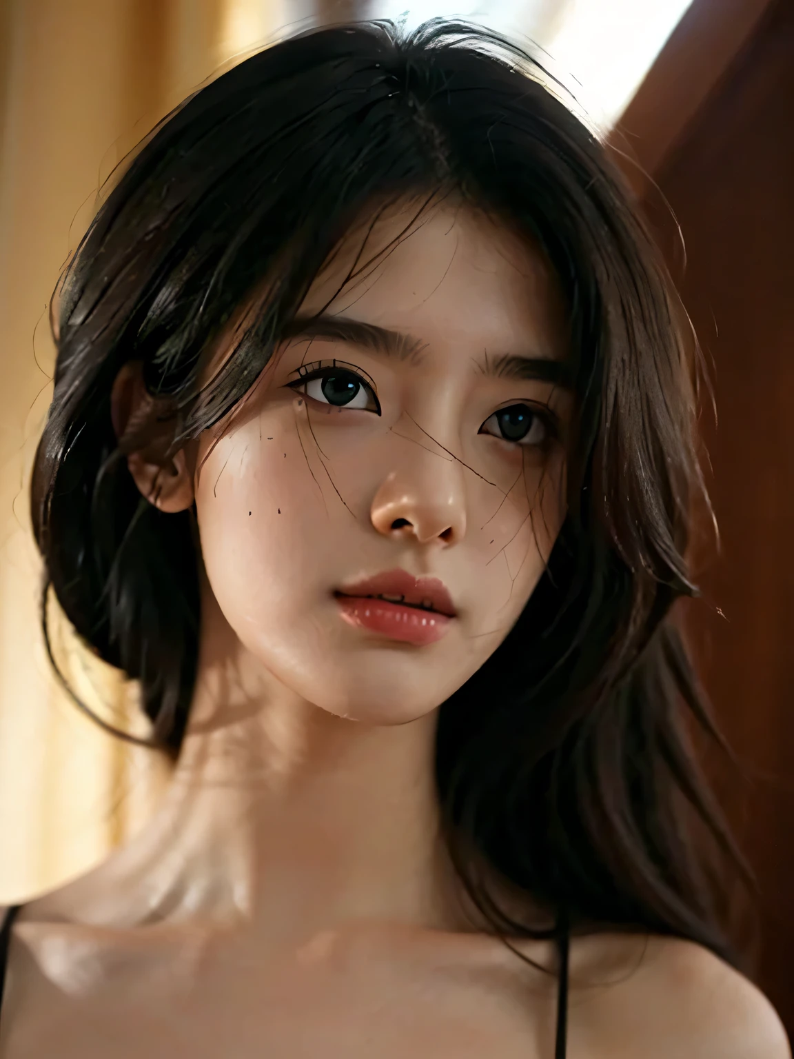 chiaroscuro, Light-sensitive, high resolution, best quality, 4K, high quality, high detail, Super details, masterpiece,youth,high nose bridge,Sexy,long black hair,girl,Lovely,big breasts