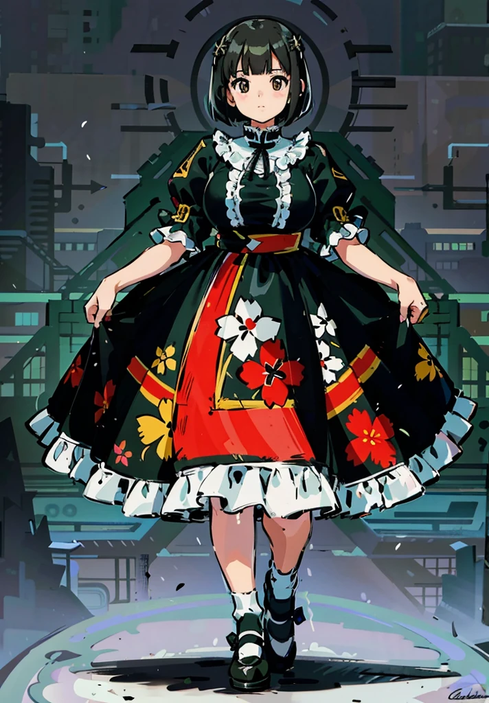 1 girl, ((masterpiece, side light, beautiful eyes: 1.2), Super detailed, ultra high resolution, professional lighting, high quality make up, beautiful detailed eyes), (highest quality:0.8), perfect anime illustrinion, beautiful, flin color background, simple background, whole body , looking for_in_viewer, 一人in, (whole body:1.5), (black hair:1.2), dark brown eyes, (big breasts:1.2), 一人in,Wasachiri, Huasachina, sash, puffy dress, dress, Puffy short sleeves, pantyhose, black shoes, Floral, print dress, put your hands on your hips, handkerchief,tof, (asymmetric bob cut:1.1),(low length:1.1),(Chubby:1.2),(おinこ:1.2),(boobs for days:1.2),(huge boobs:1.2),(short legs)