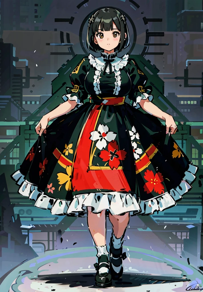 1 girl, ((masterpiece, side light, beautiful eyes: 1.2), Super detailed, ultra high resolution, professional lighting, high quality make up, beautiful detailed eyes), (highest quality:0.8), perfect anime illustrinion,  beautiful, flin color background, simple background, whole body ,  looking for_in_viewer, 一人in, (whole body:1.5), (black hair:1.2), dark brown eyes, (big breasts:1.2), 一人in,Wasachiri, Huasachina,  sash, puffy dress, dress, Puffy short sleeves, pantyhose, black shoes, Floral, print dress, put your hands on your hips, handkerchief,tof, (asymmetric bob cut:1.1),(low length:1.1),(Chubby:1.2),(おinこ:1.2),(boobs for days:1.2),(huge boobs:1.2),(short legs)