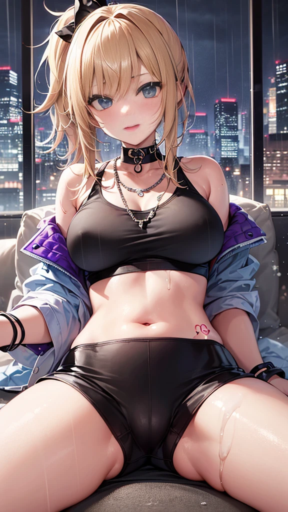 最high quality、best image quality、masterpiece、with a girl((18-year-old、Tattoo of the heart symbol on the right shoulder、Black Navel Tank Top、white pants、vest bust、bust 85、blonde、ponytail、blue eyes、open your chest wide、happiness、chain accessories、Black wristband on wrist、all fours pose,Slender、whole body Dripping wet))high quality、visual art、With background((City of night、rain、lightning))、table top